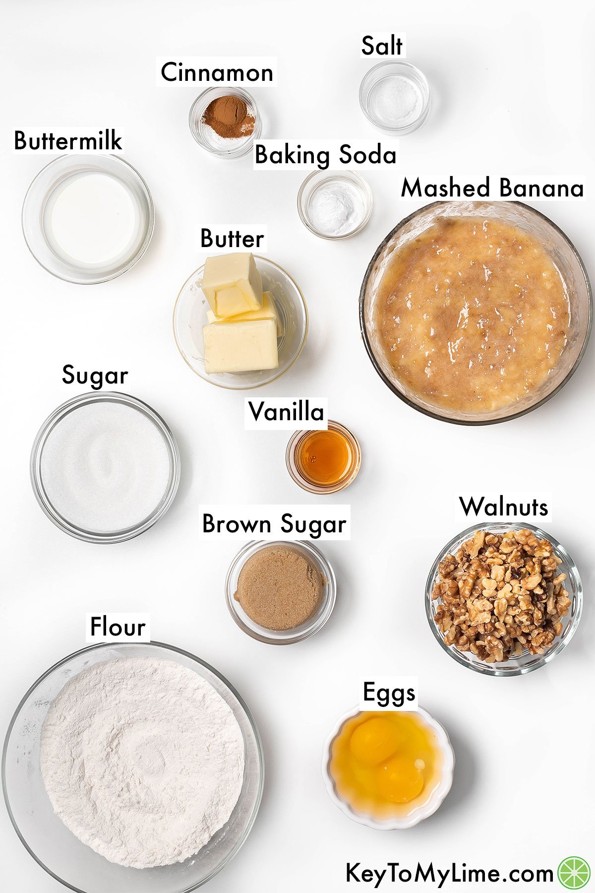 The labeled ingredients for banana nut bread.