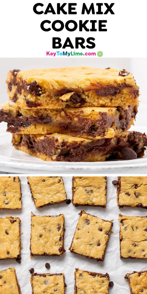 A Pinterest pin image with a picture of cake mix cookie bars, with title text at the top.