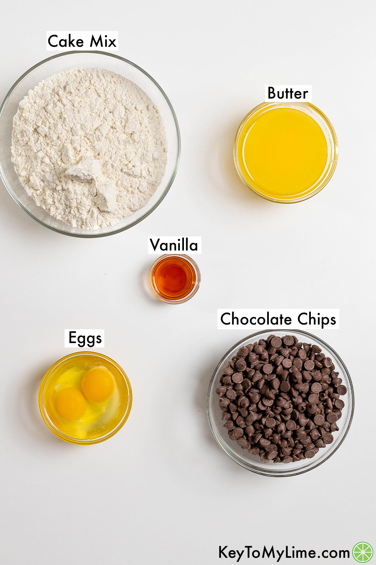 The labeled ingredients for cake mix cookie bars.