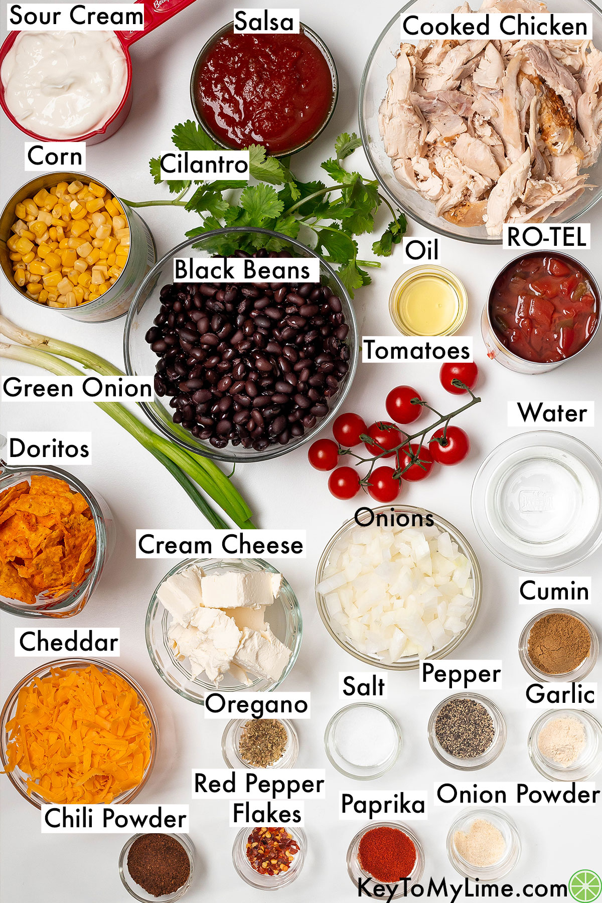 The labeled ingredients for chicken dorito casserole.