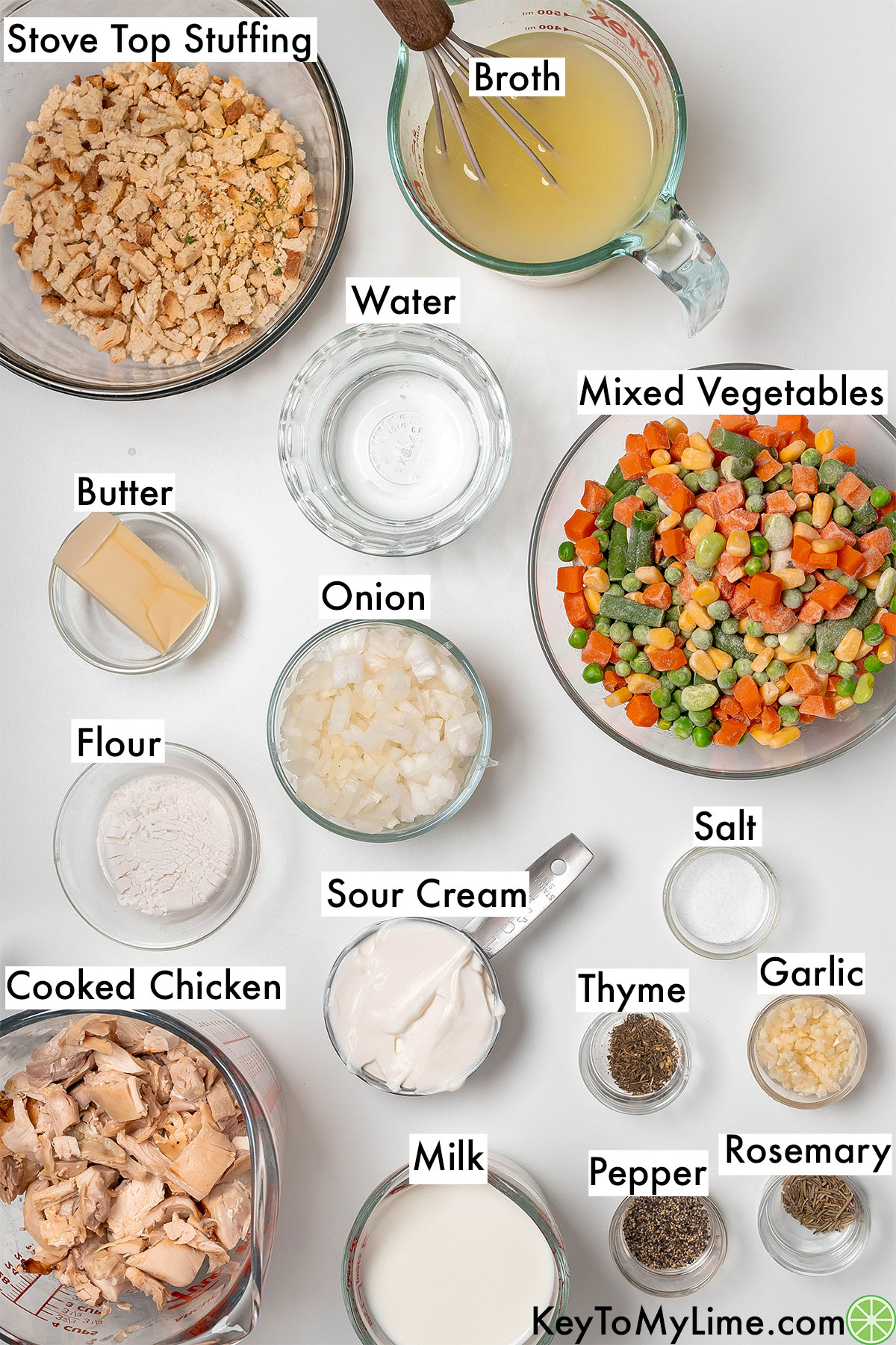 The labeled ingredients for chicken and stuffing casserole.