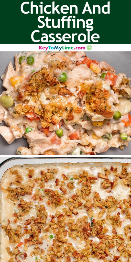 A Pinterest pin image with a picture of chicken and stuffing casserole, with title text at the top.
