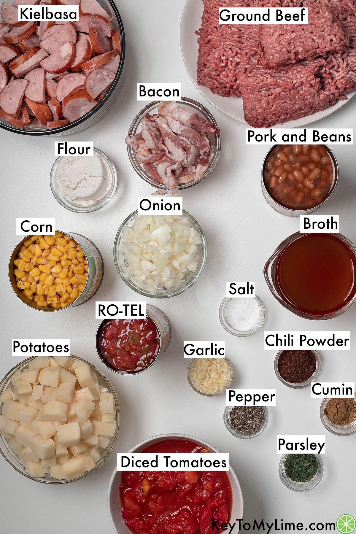 The labeled ingredients for cowboy stew.