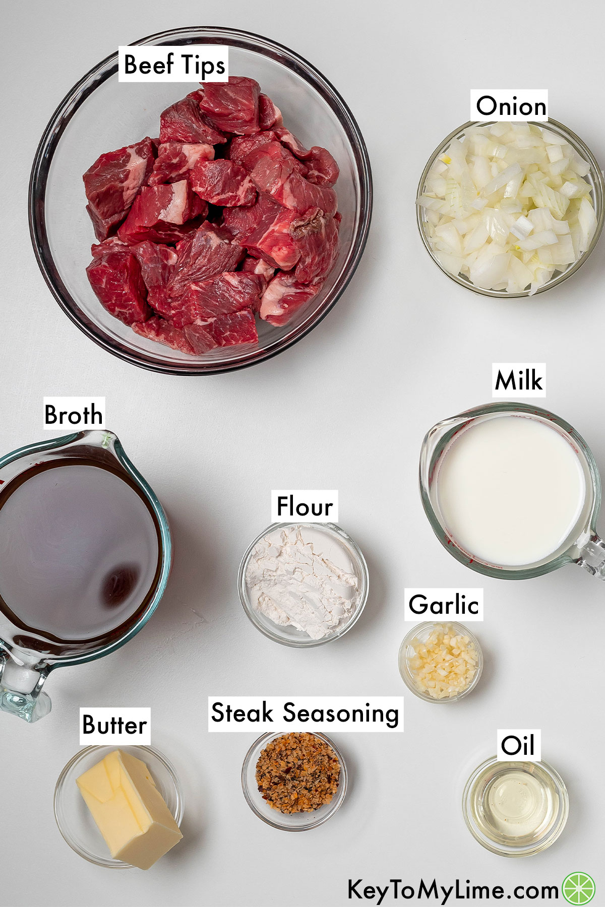 The labeled ingredients for crockpot beef tips.