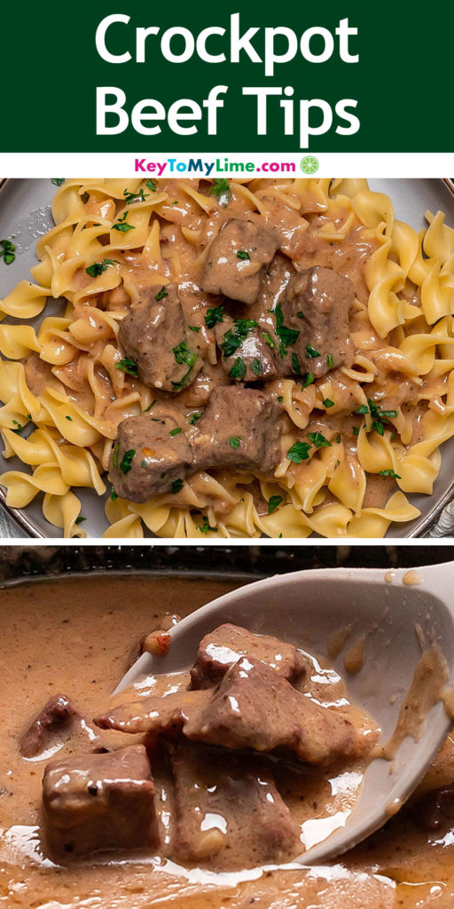A Pinterest pin image with a picture of crockpot beef tips, with title text at the top.