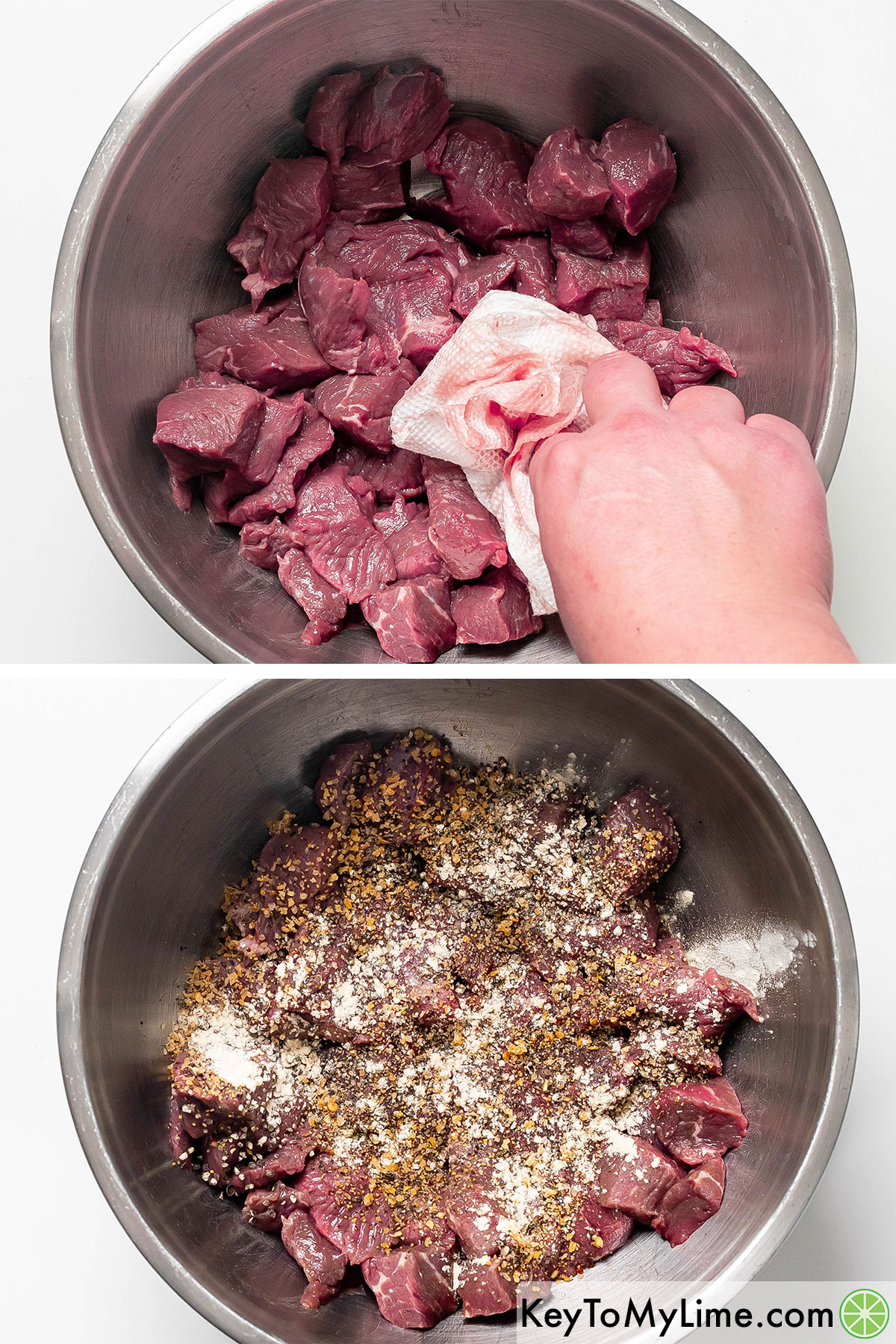Drying the beef tips with a paper towel and then sprinkling on steak spice and garlic.