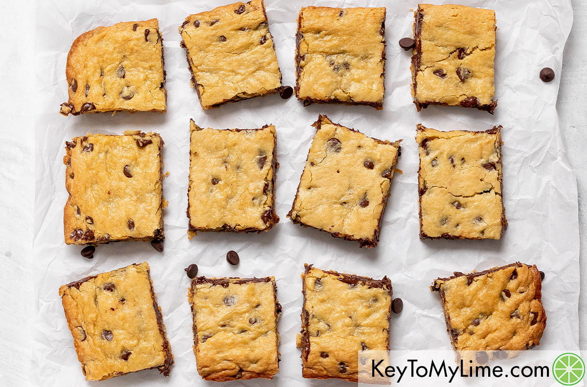 Freshly baked cookie bars cut into individual squares.