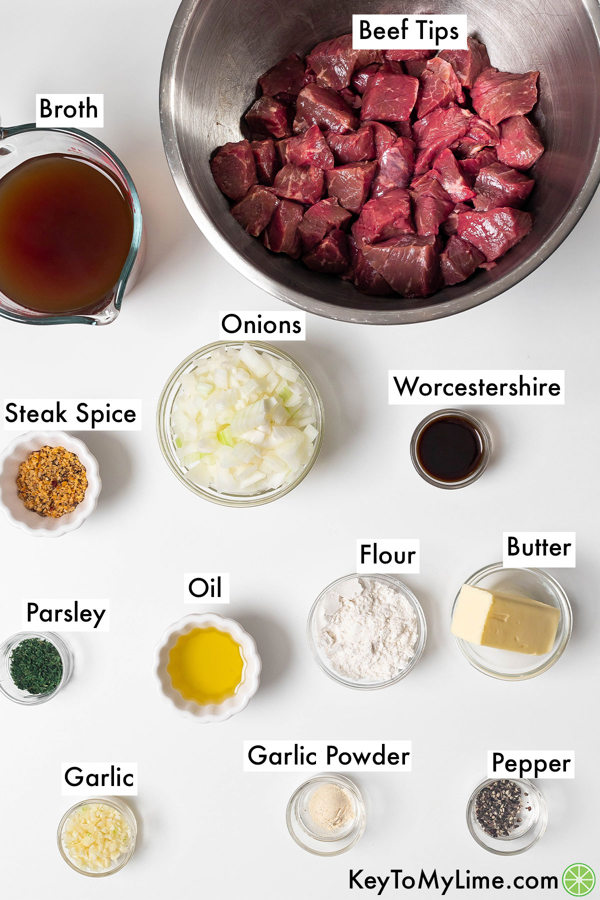 The labeled ingredients for instant pot beef tips.