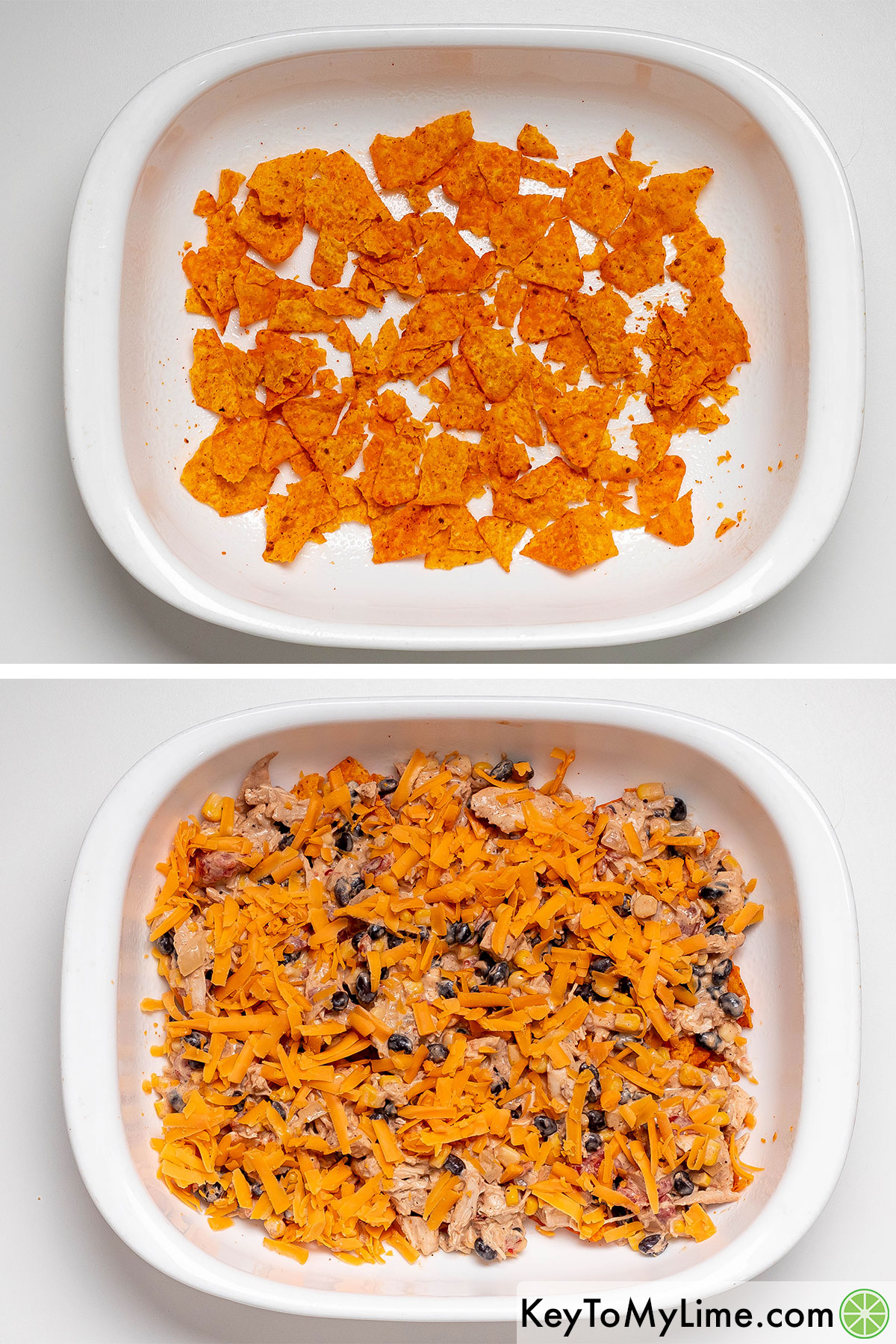 Laying the doritos on a greased casserole dish then layering with filling and cheese.
