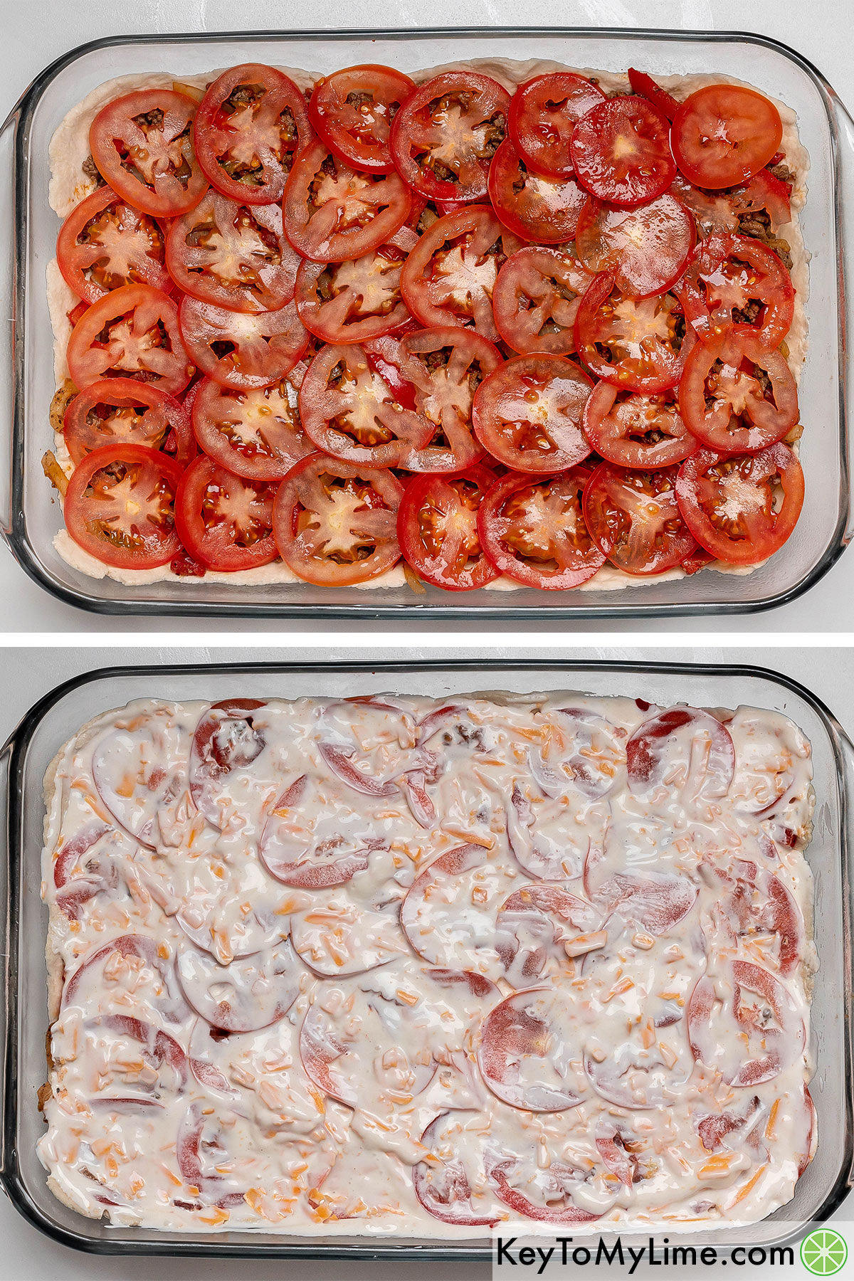 Layering the top of the meat with thin sliced tomatoes then layering with cream sauce on top.