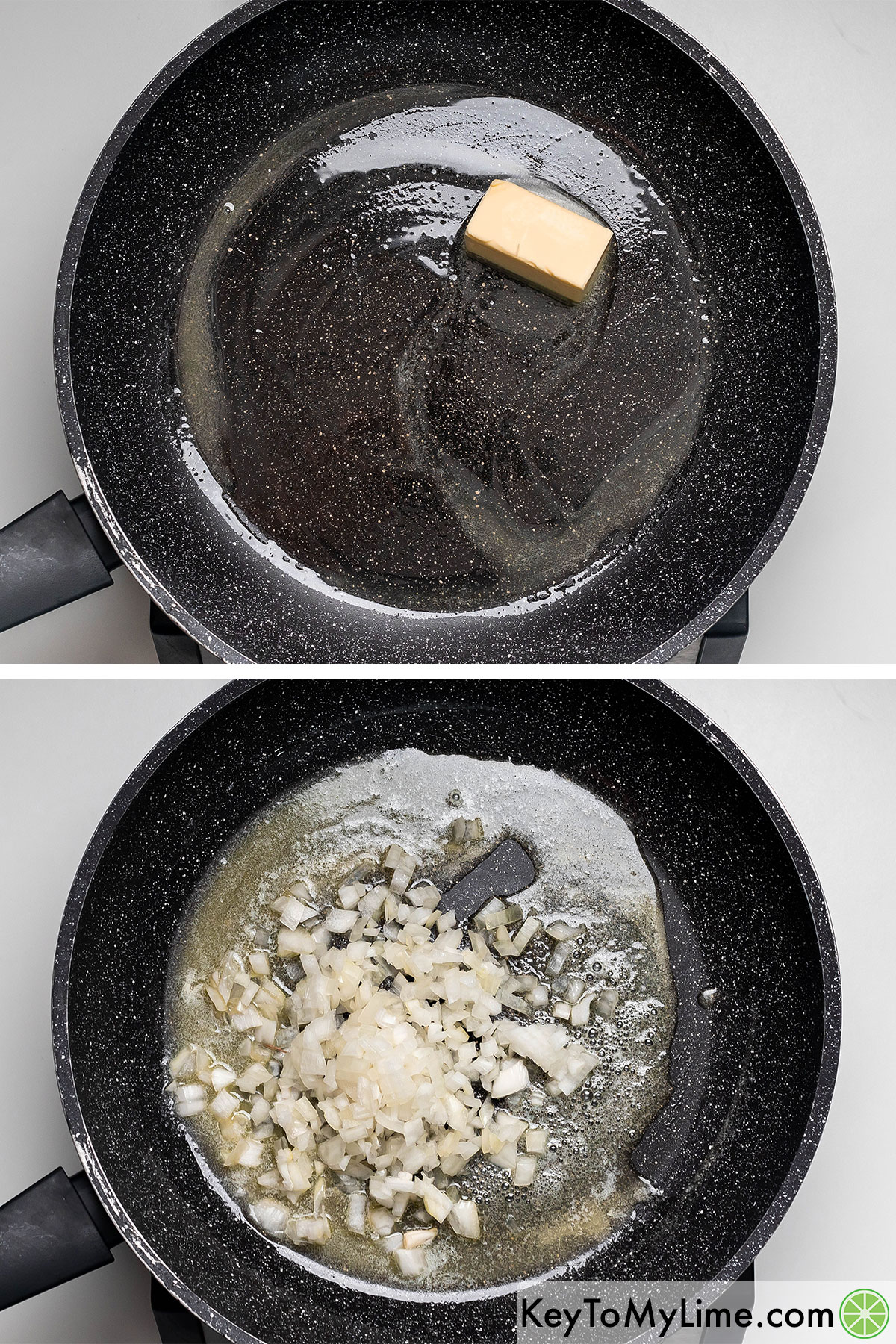 Melting the butter in a nonstick skillet then adding the diced onions.