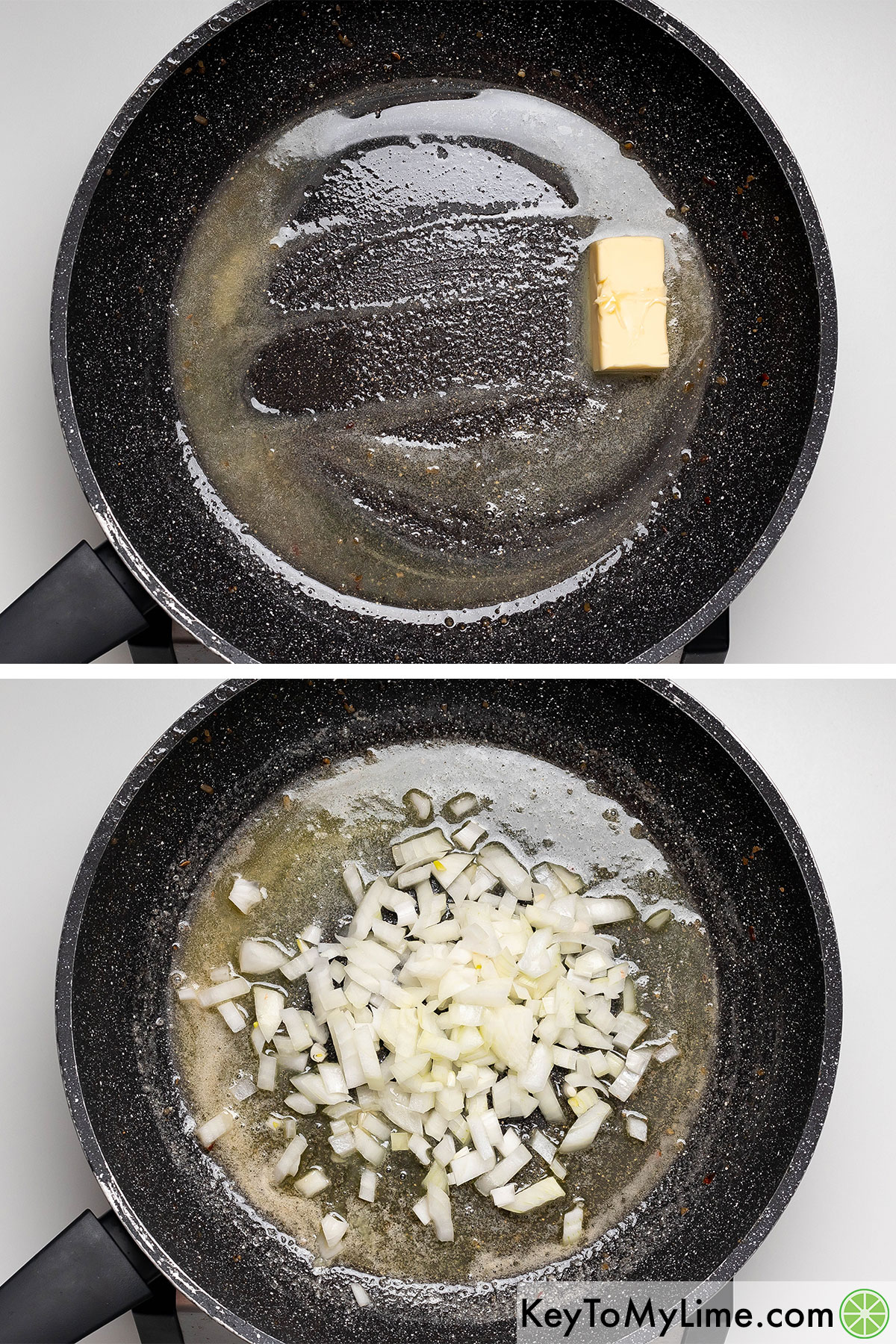 Melting the butter in a hot skillet then adding diced onions.