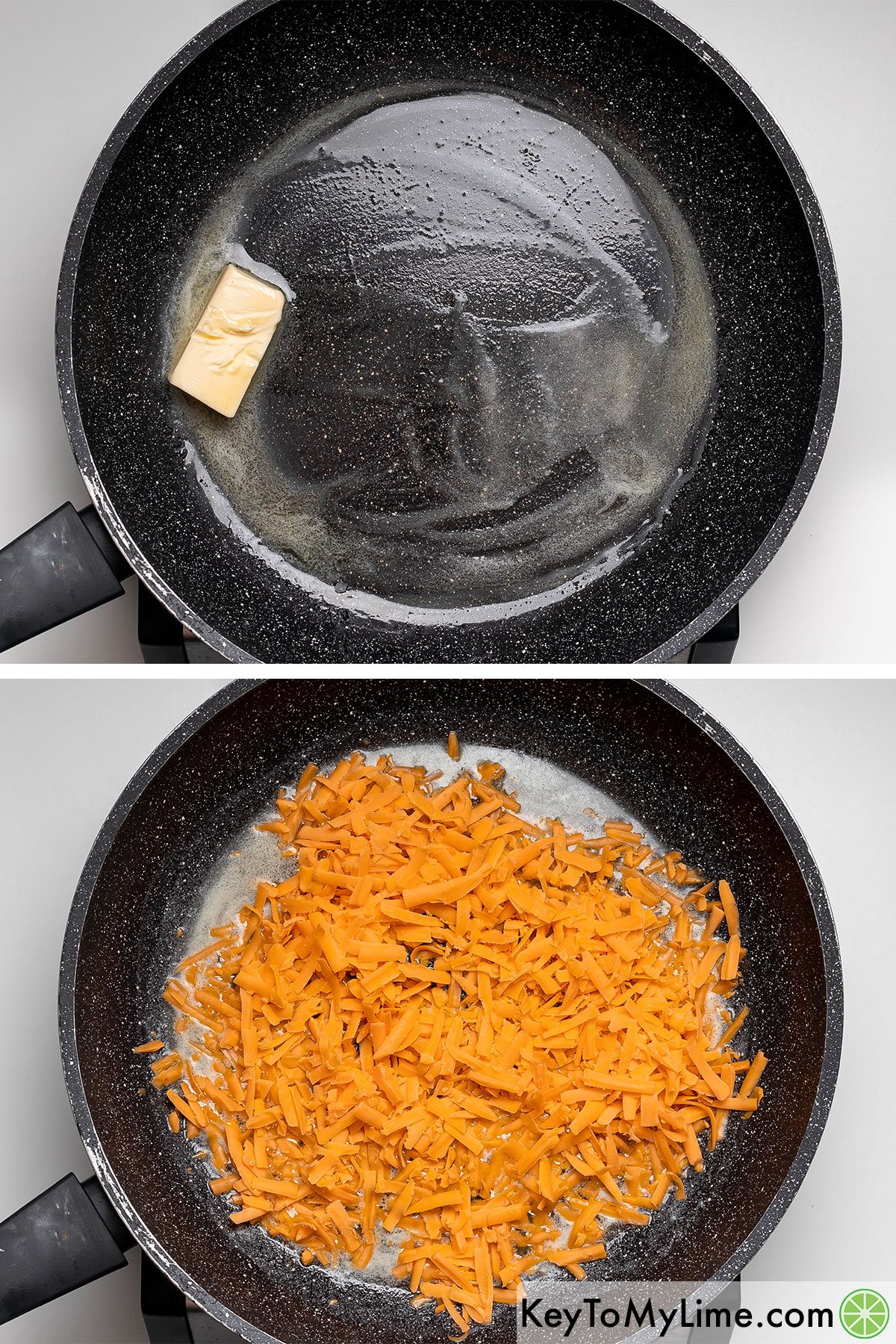 Melting the butter into a nonstick skillet then adding in the shredded cheese.