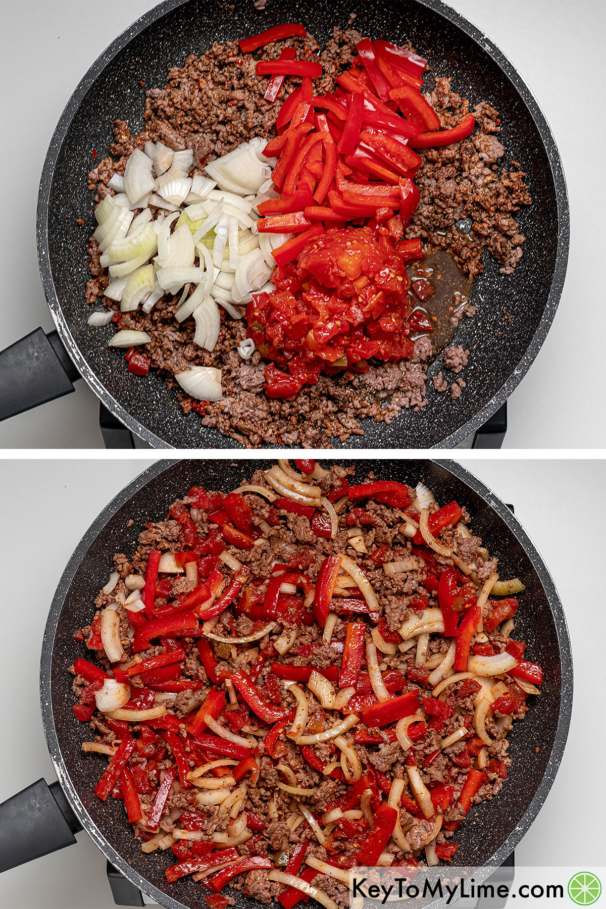 Mixing the beef and spices then adding onions, tomatoes and peppers.