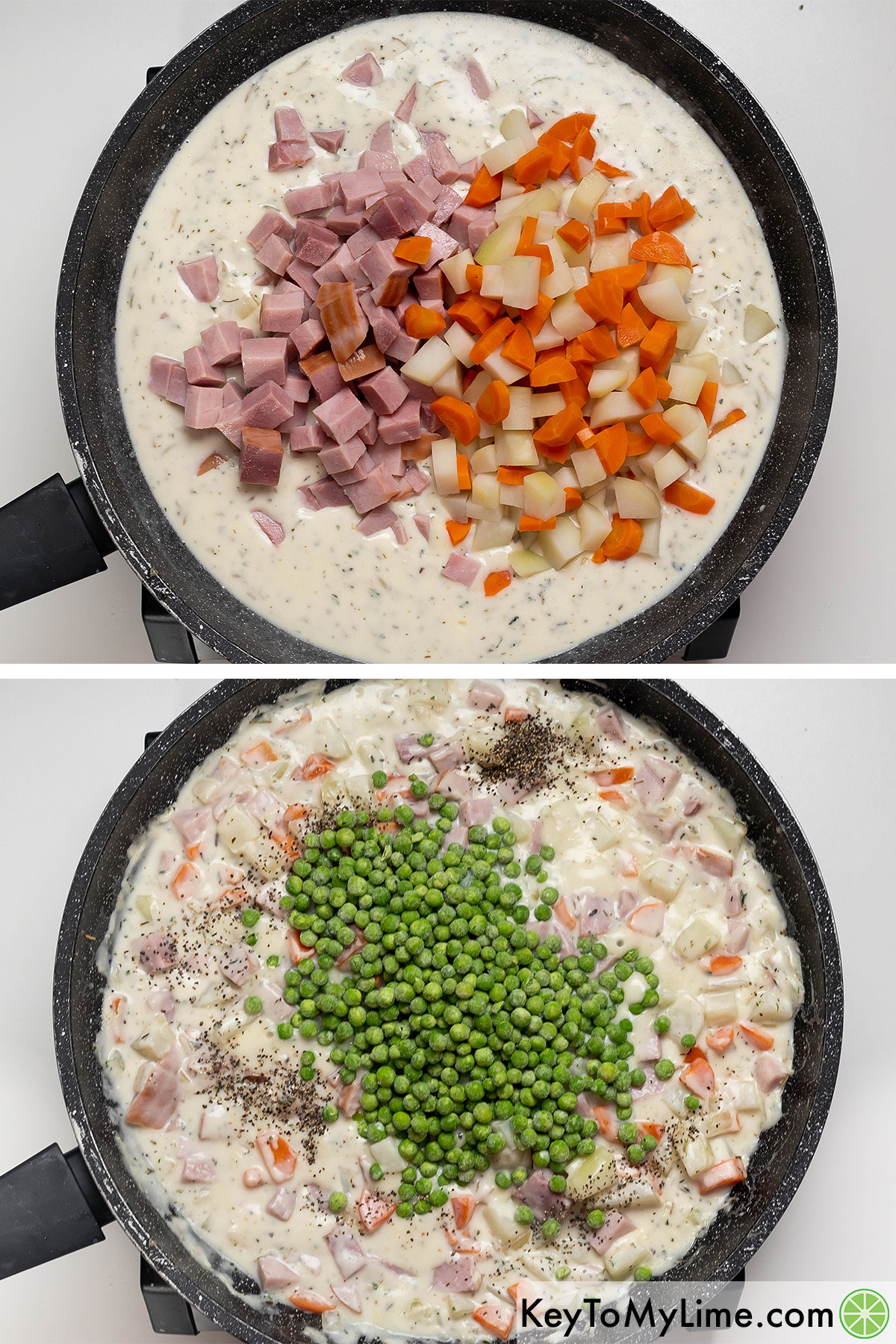 Mixing the boiled potatoes and carrots then adding frozen peas and peppers in a large skillet.