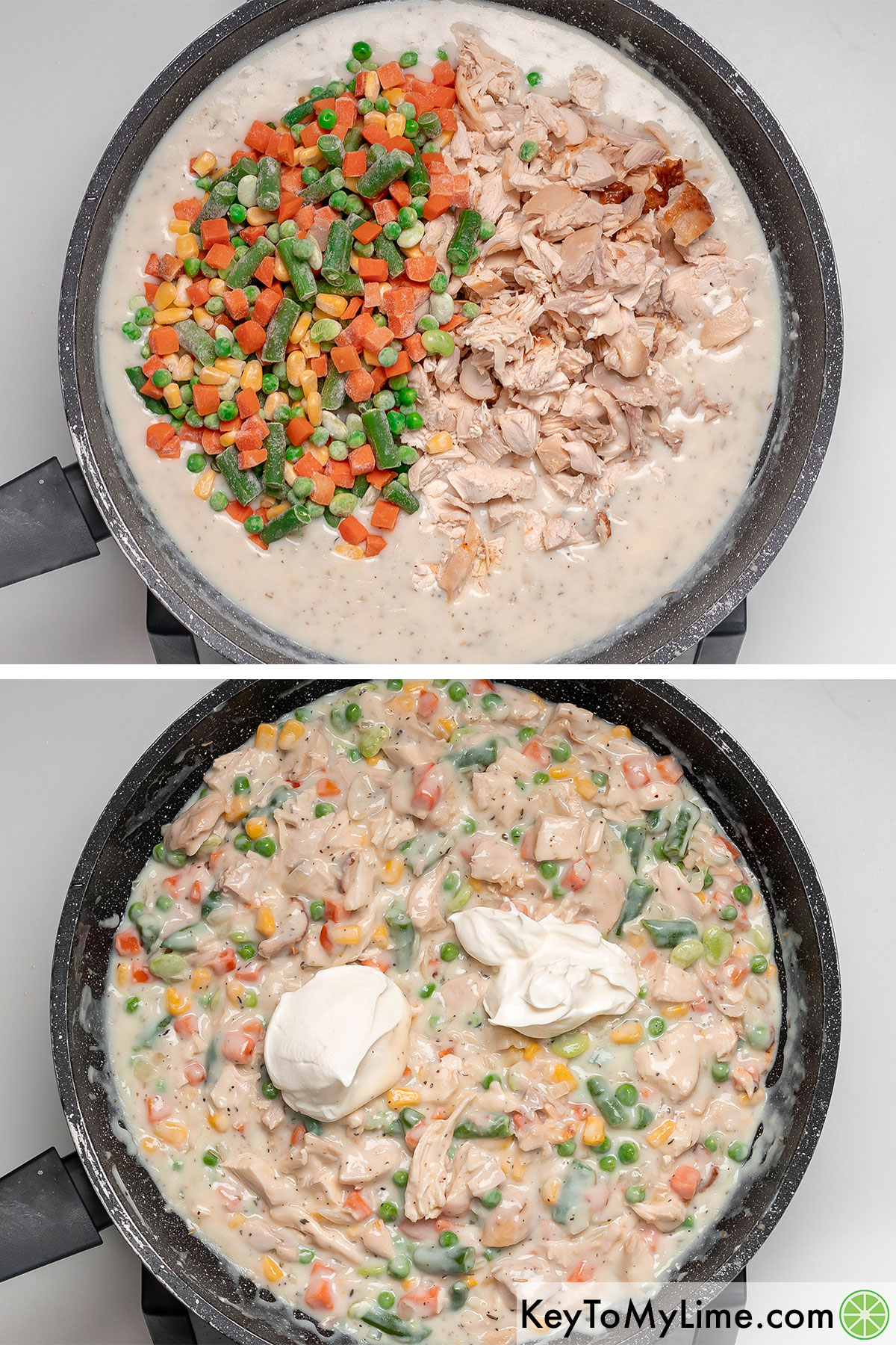 Mixing the cooked chicken and vegetables through the sauce and adding sour cream on top.