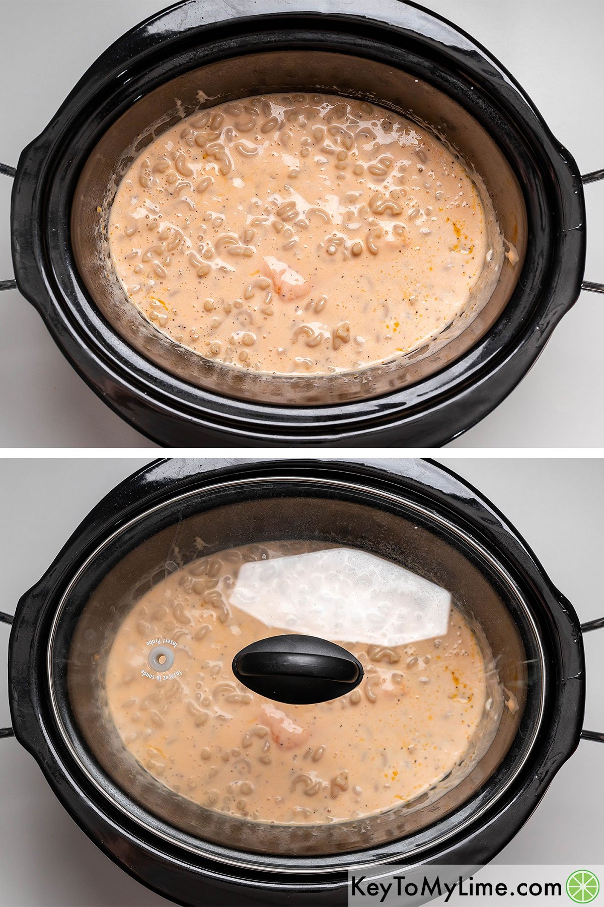 Mixing the noodles into the cheese sauce and then covering the crockpot with a fitted lid.