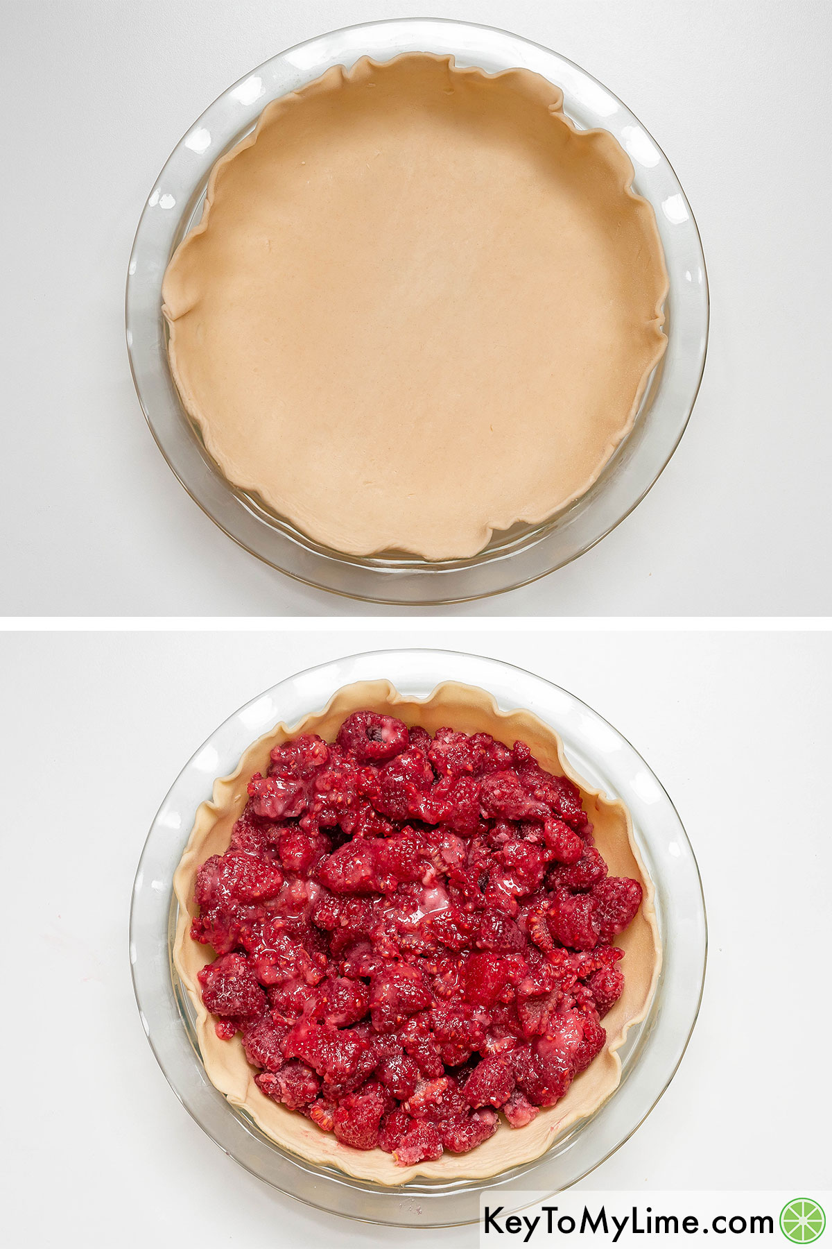 Placing a pie crust to the bottom of the pie plate and then transferring the filling and spreading out evenly.