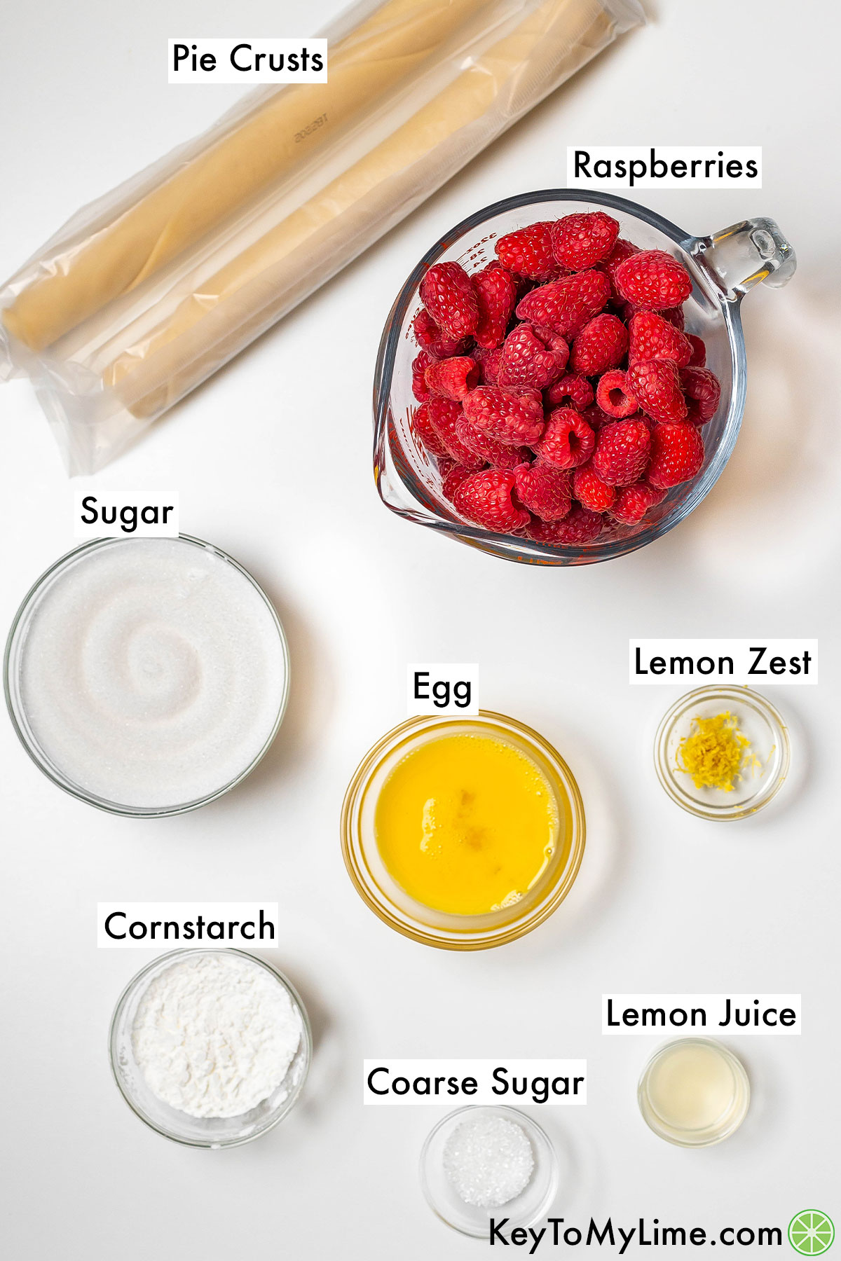 The labeled ingredients for raspberry pie.