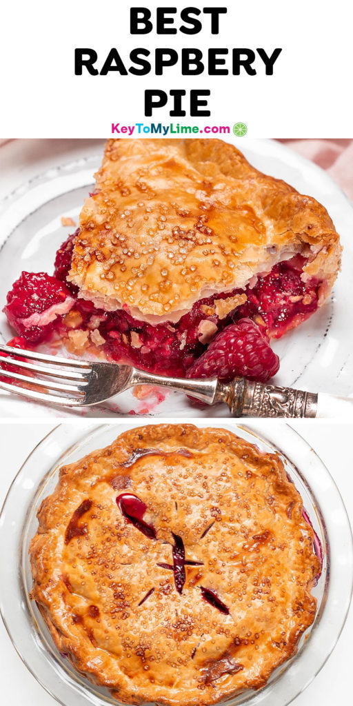 A Pinterest pin image with a picture of raspberry pie, with title text at the top.