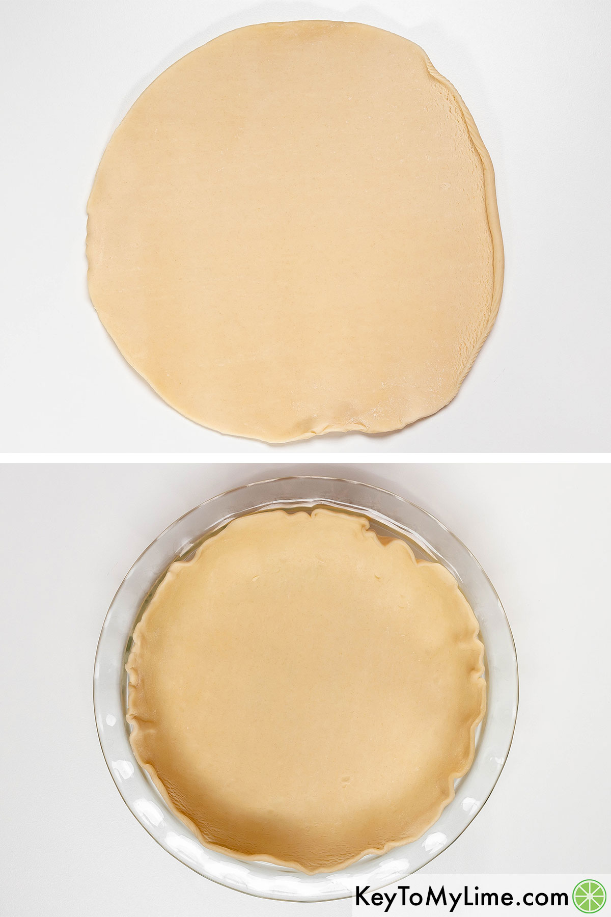 Rolling out the first pie crust then transferring to a 9.5 inch glass pie dish.