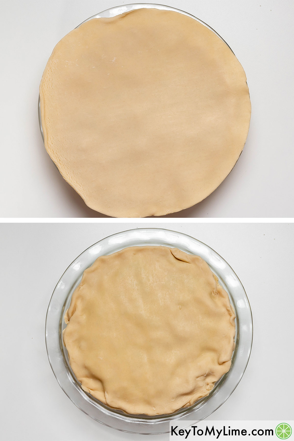 Placing the top pie crust on top and pinching and folding the two crusts together.