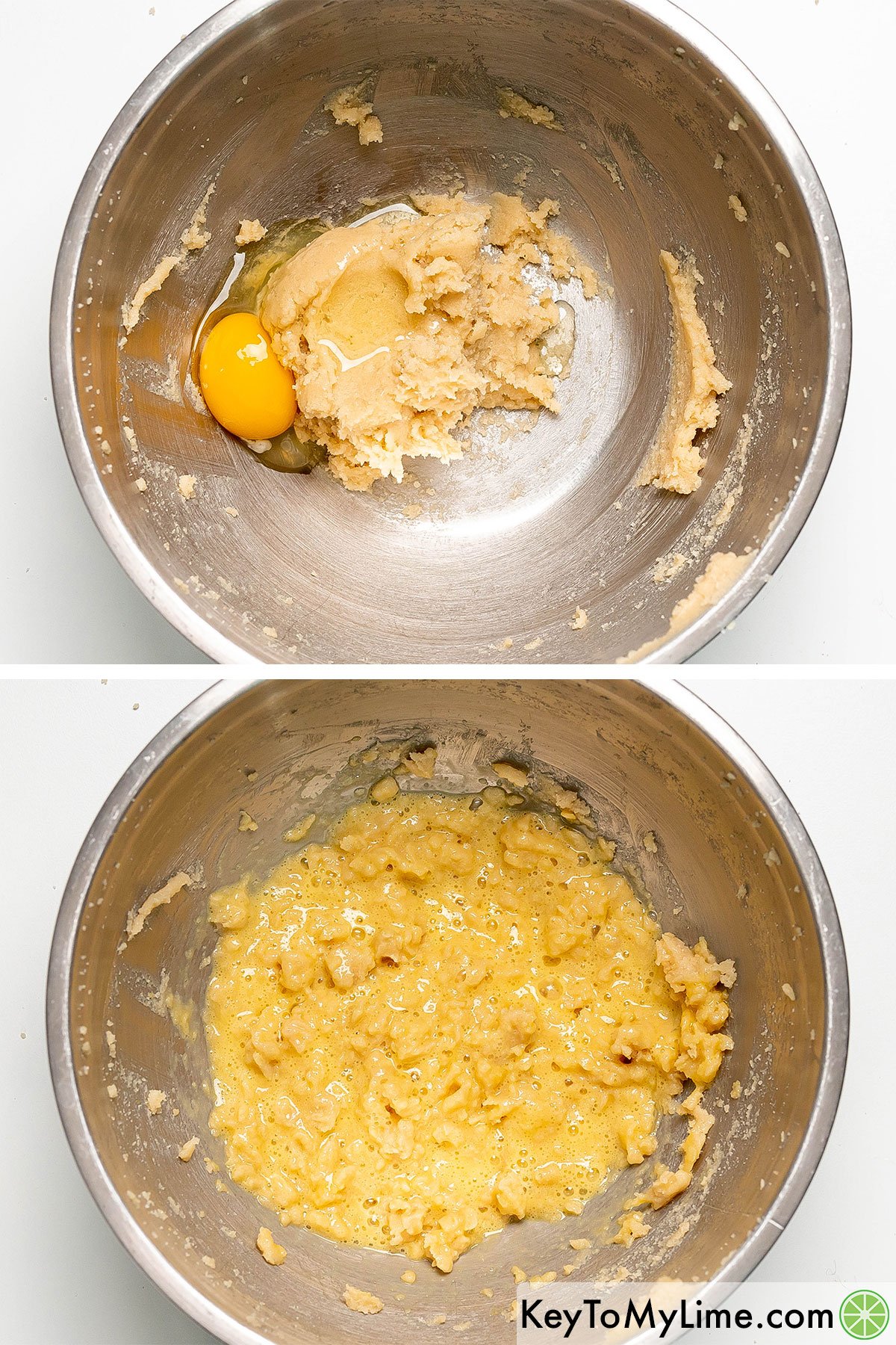Scraping down the sides of the mixing bowl then adding and beating in egg in at a time.