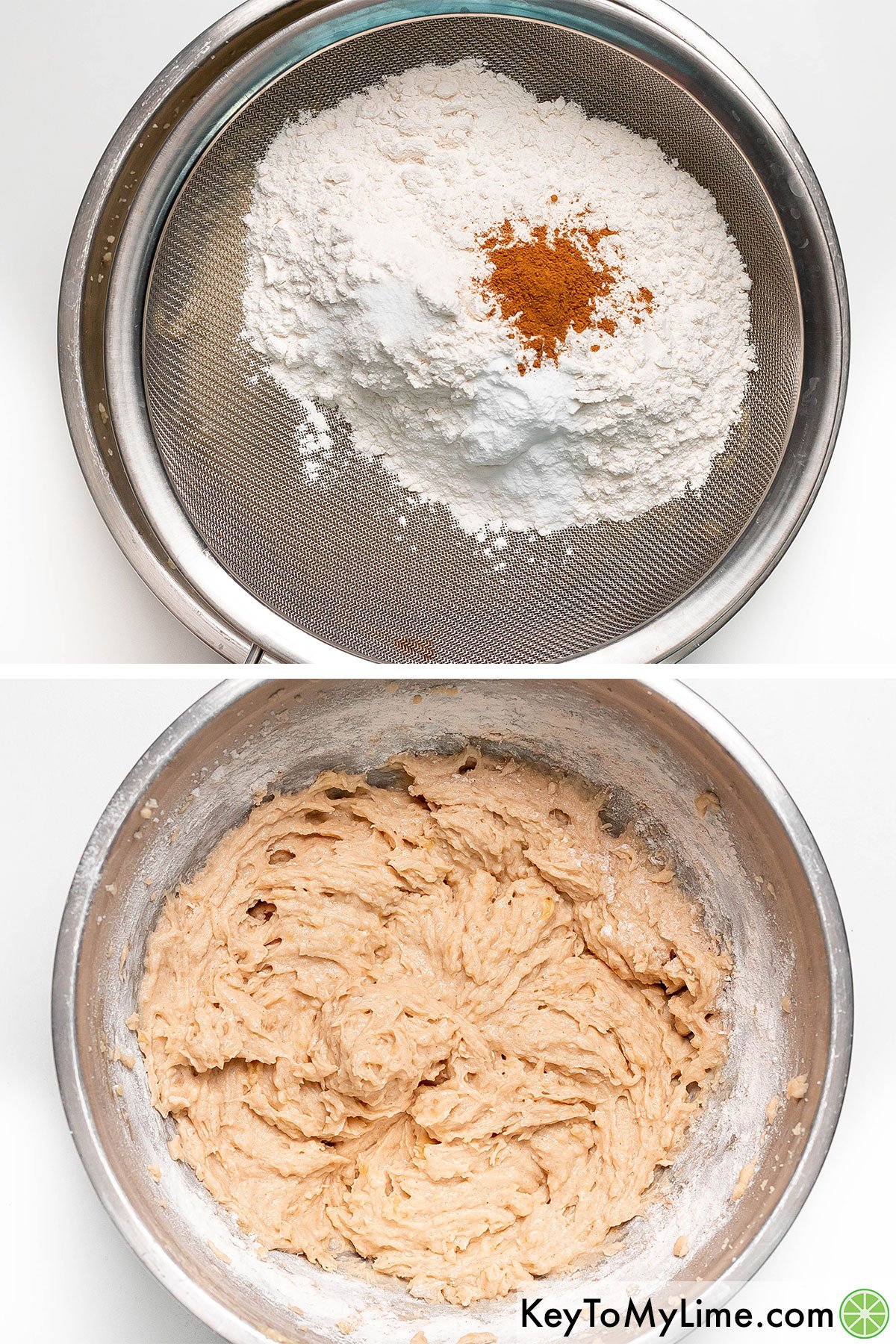 Sifting the flour, baking soda, salt and cinnamon into the wet ingredients and beating until just incorporated in a large mixing bowl.