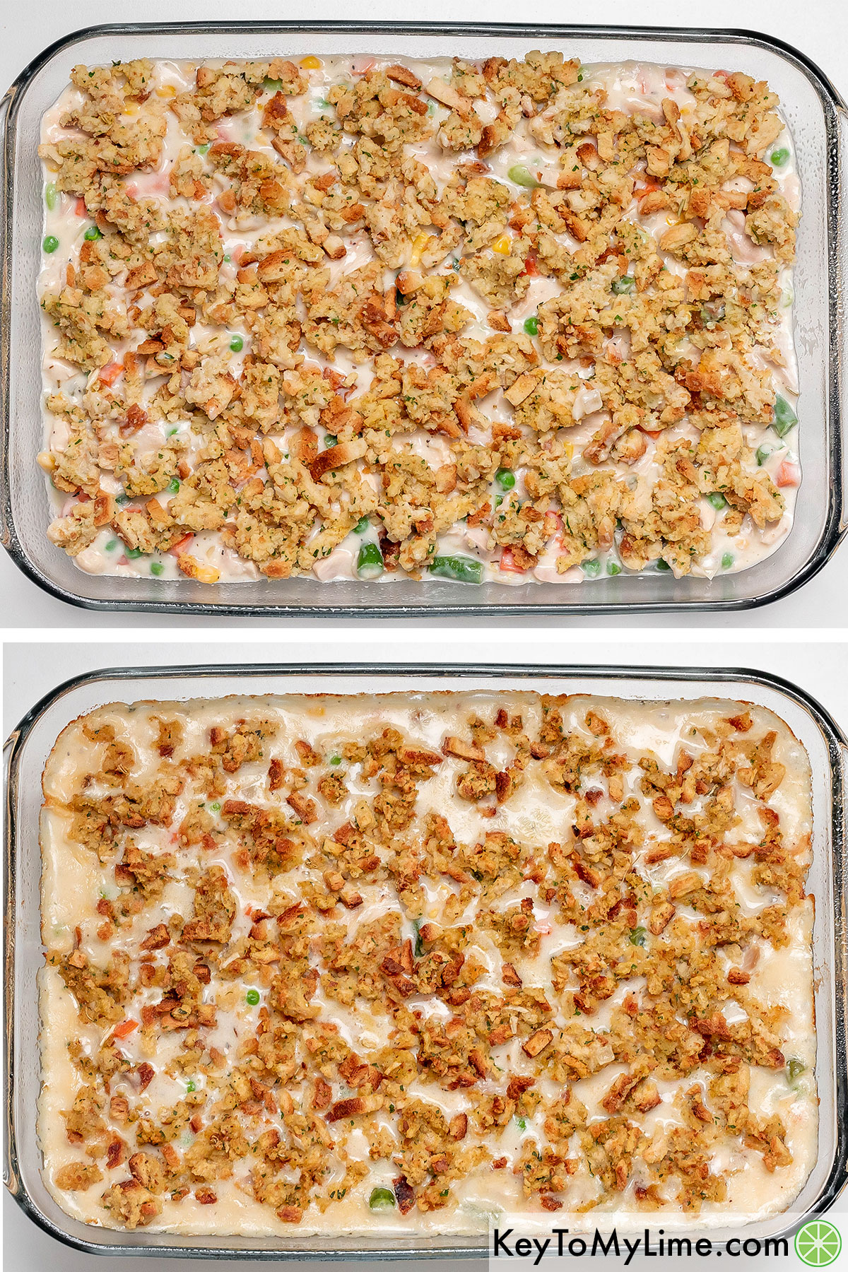 Spreading the stuffing across the top of the mixture and then baking in a preheated oven.