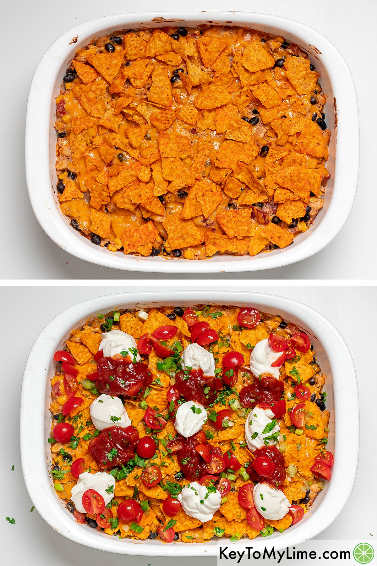 Topping with another layer of doritos then dolloping sour cream, salsa and fresh vegetables.