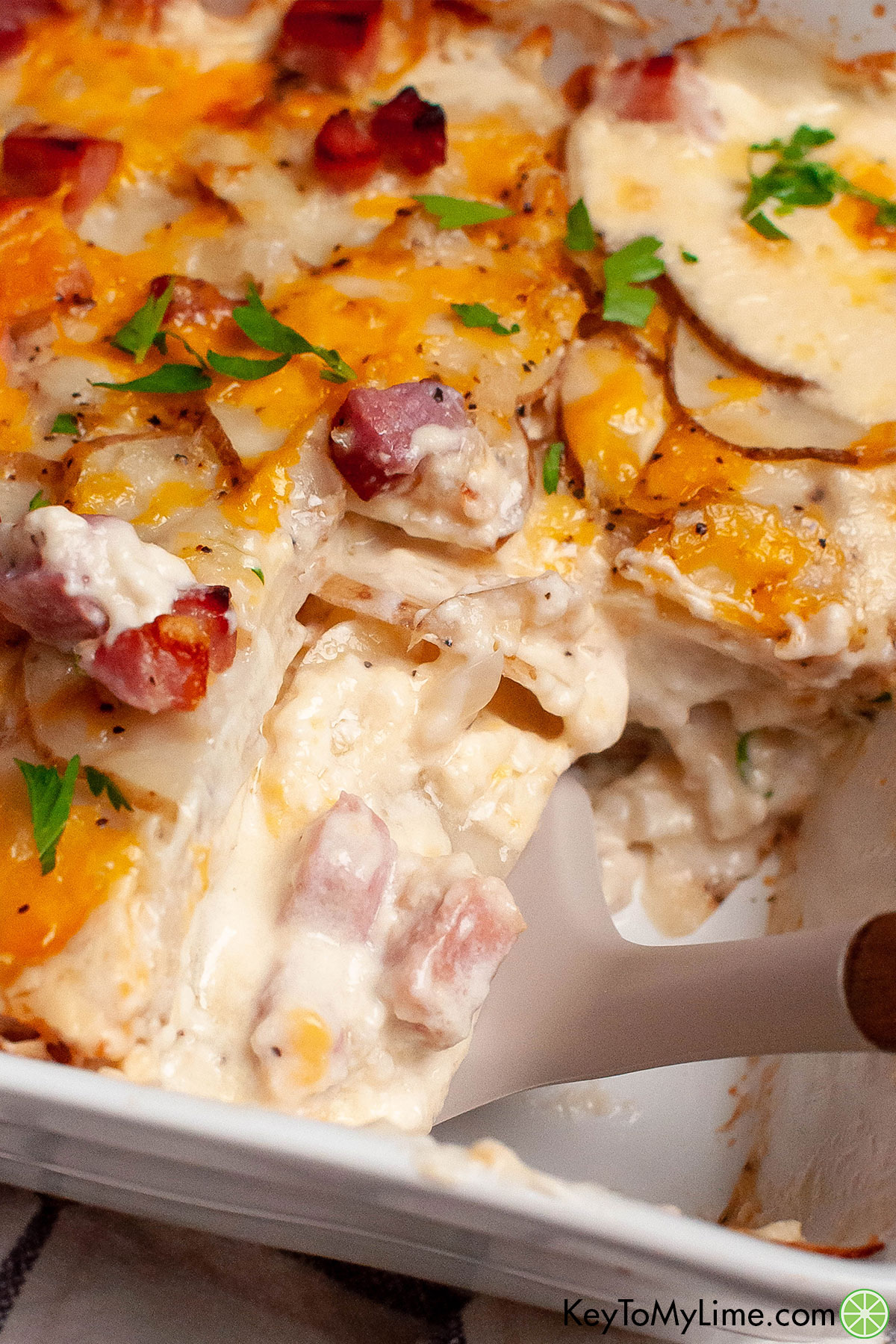 A close up shot showing the inside texture of the potato and ham casserole.