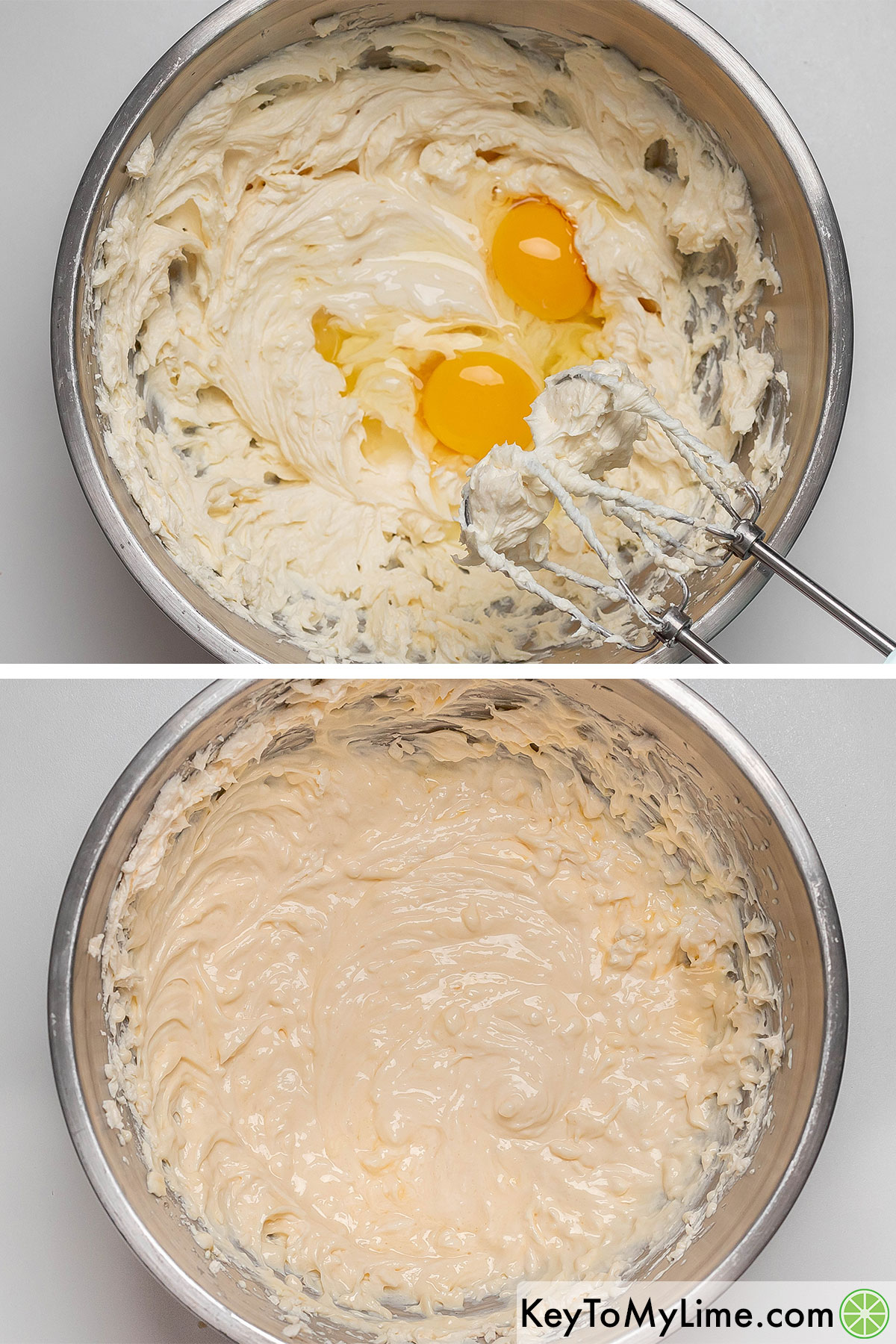 Adding the eggs to the batter in a large mixing bowl and beating until just combined.