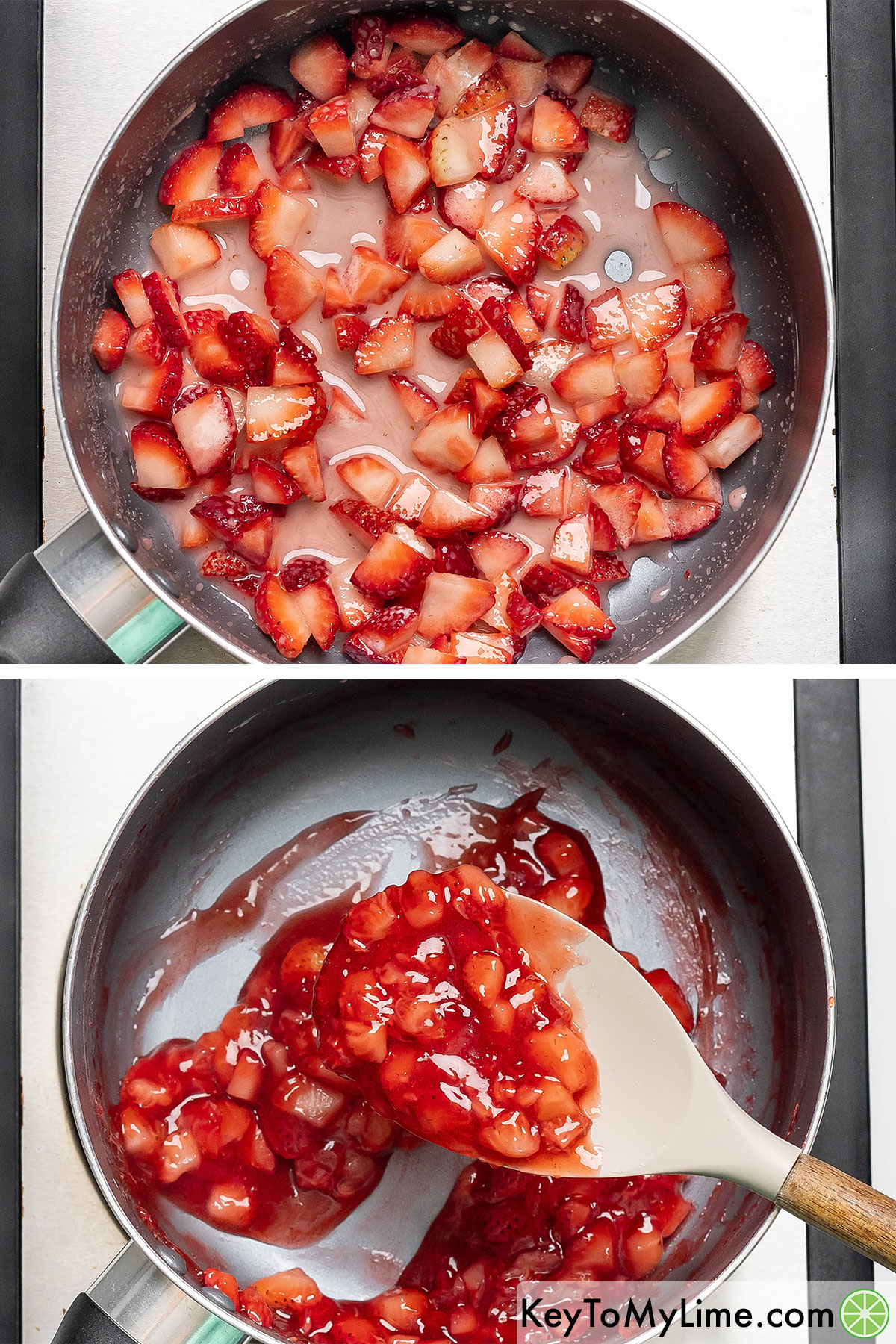 Adding the ingredients for the strawberry topping to a sauce pan then simmering until thickened.