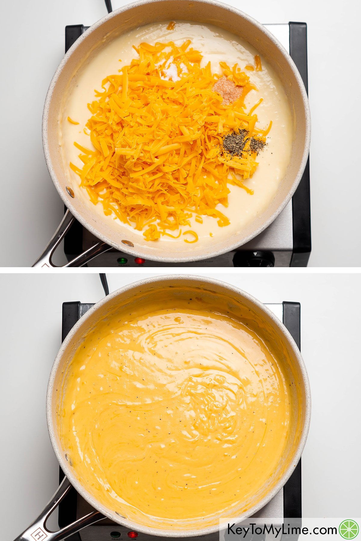 Adding cheddar cheese and spices to the sauce pan and mixing until melted.