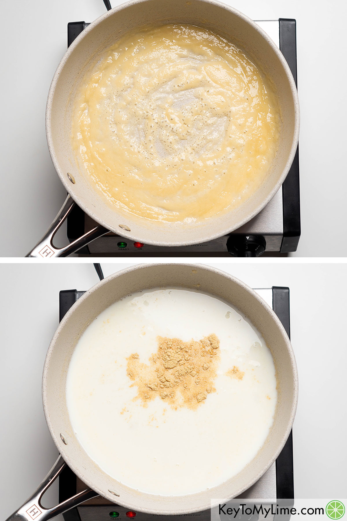 Adding dry mustard and milk to the completed roux then simmering.