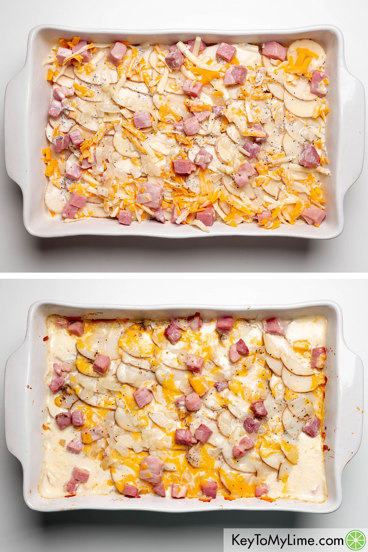 Adding the additional layers to form the ham and potato casserole.