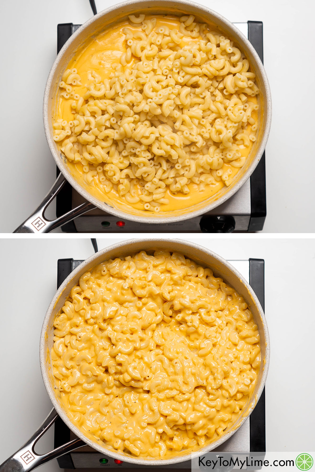 Adding the cooked macaroni to a the pot and mixing.