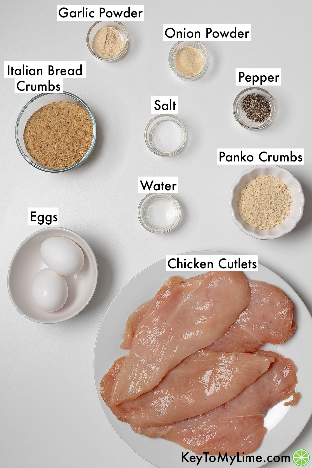 The labeled ingredients for air fryer chicken cutlets.