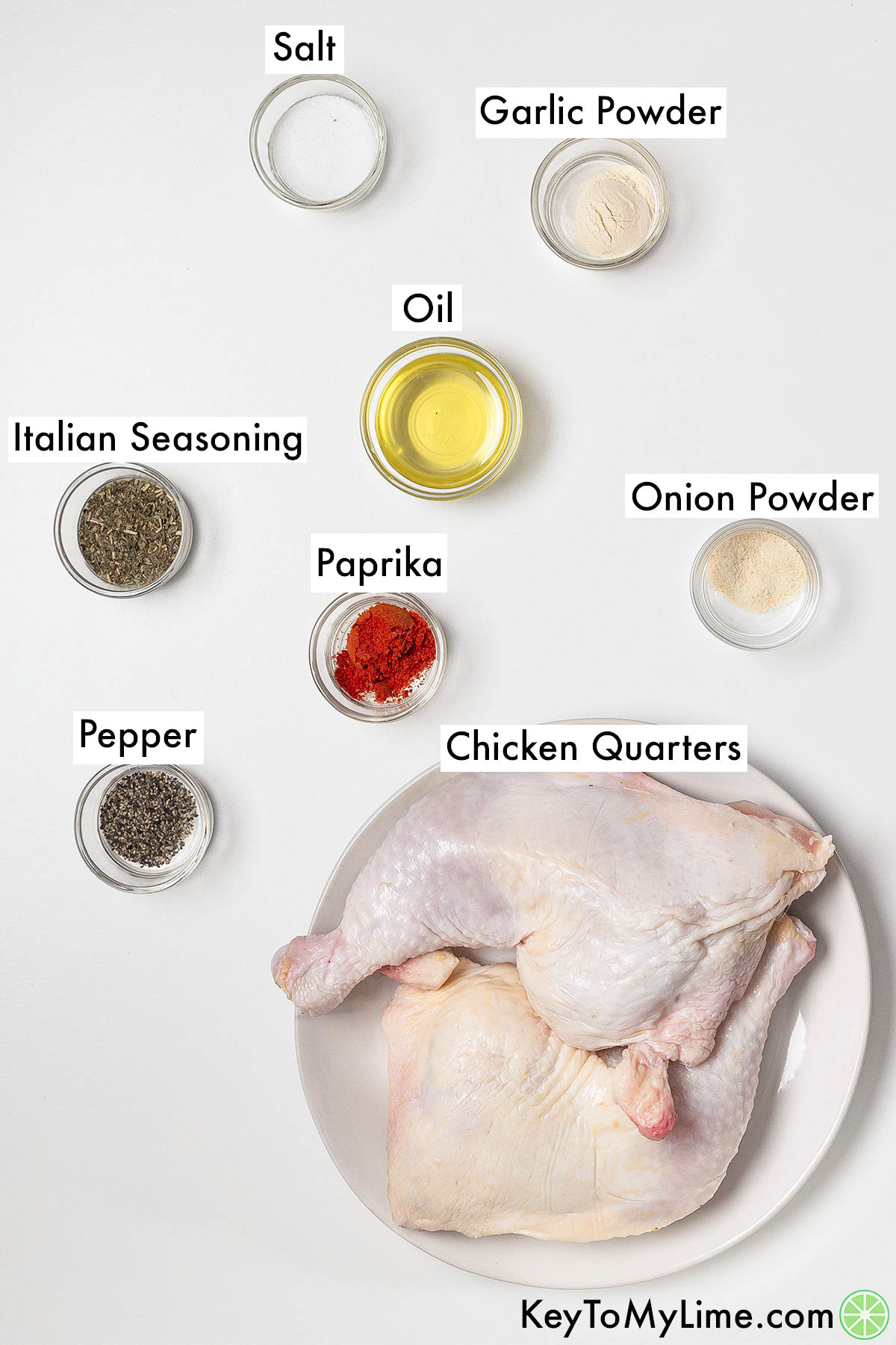 The labeled ingredients for air fryer chicken quarters.