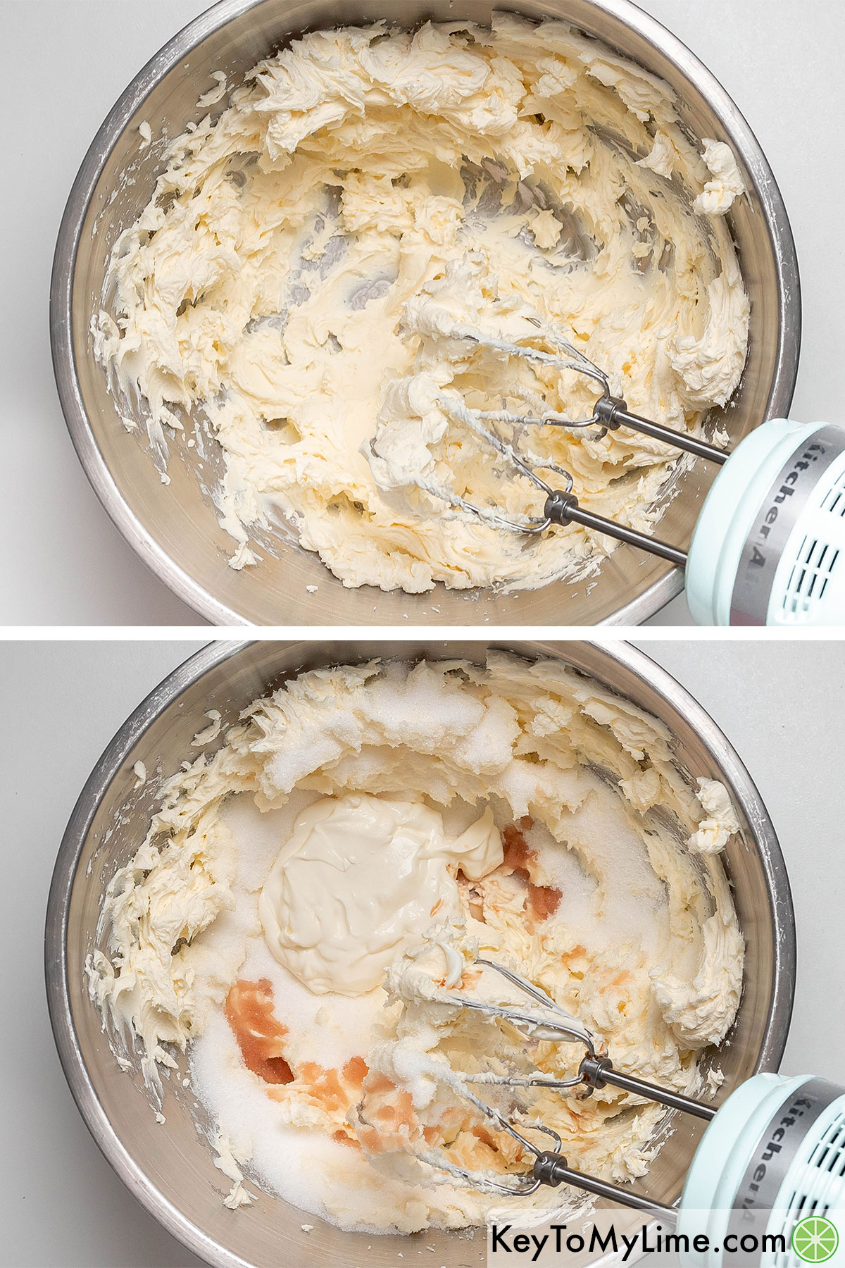 Beating the cream cheese in a large mixing bowl then adding and beating in sour cream, vanilla and sugar.