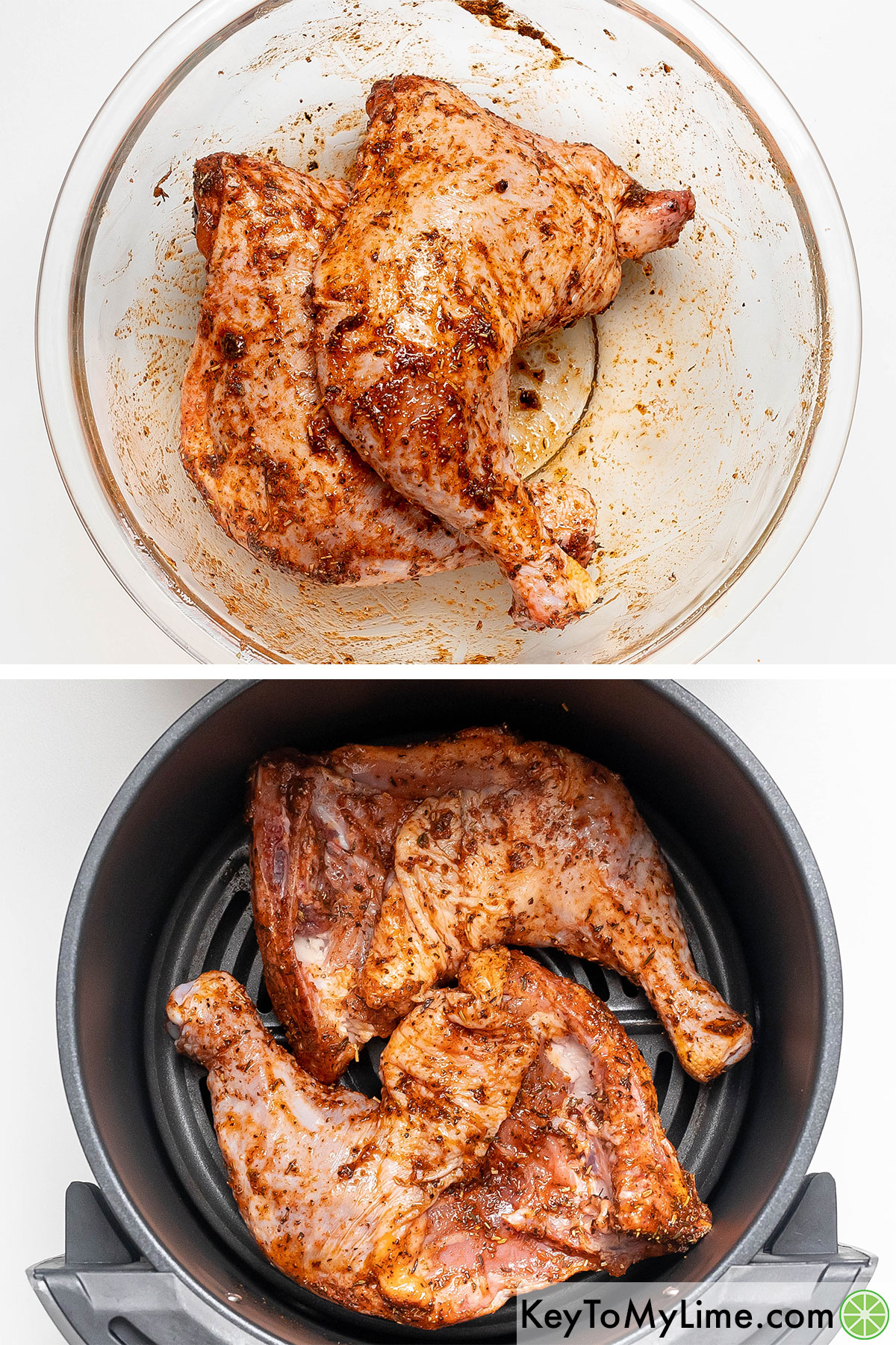 Completely coating the chicken quarters with oil and seasonings and then adding to an air fryer basket skin side down.