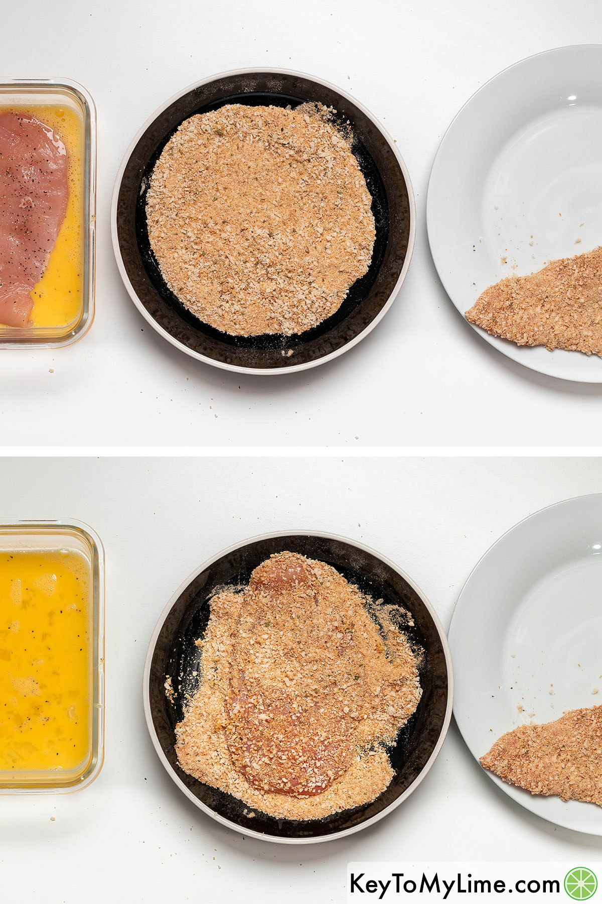 Dredging the chicken cutlets in an egg wash and then coating in breadcrumbs.