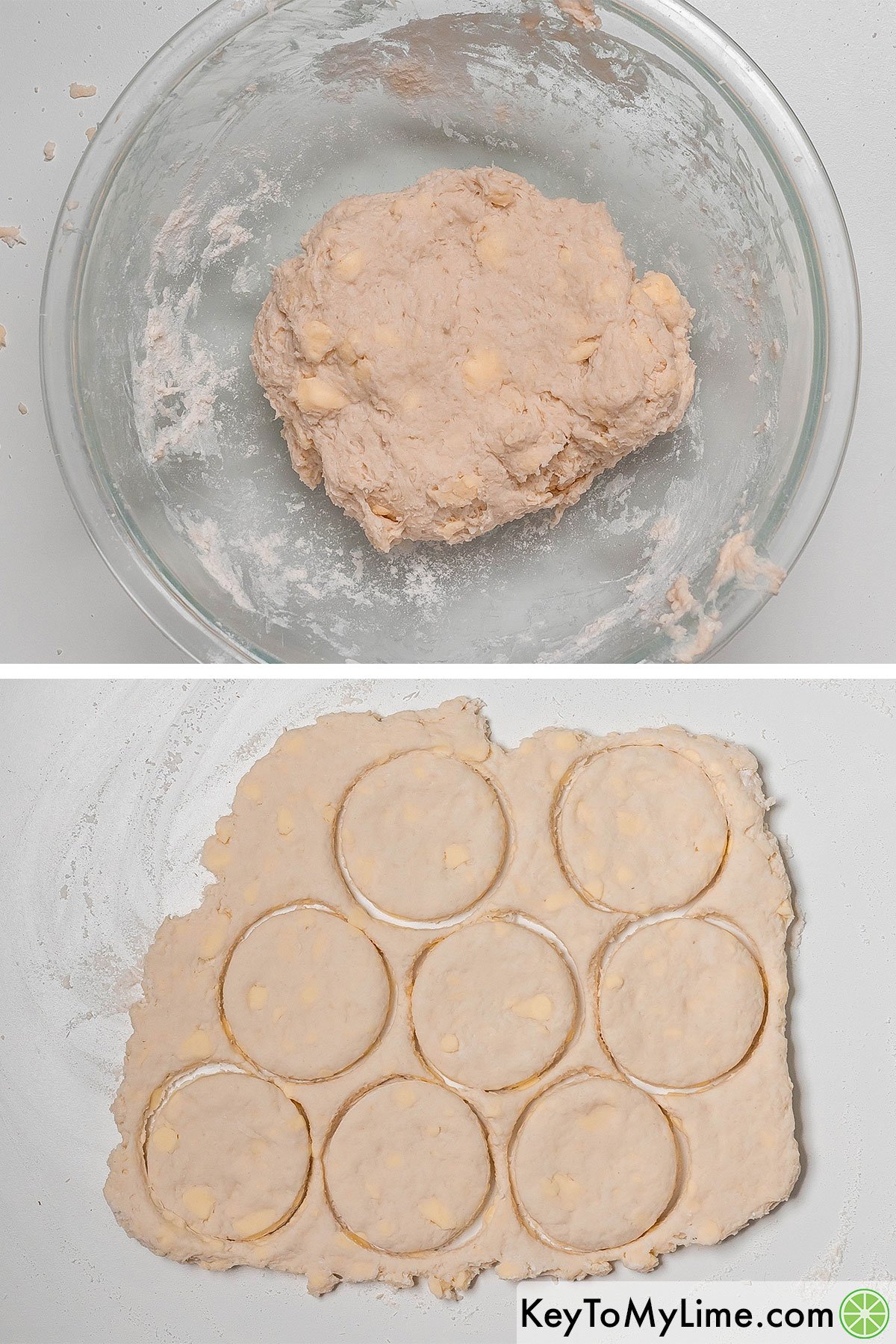 Forming the dough in a bowl and stretch and folding then once done rolling out and cutting into circles.