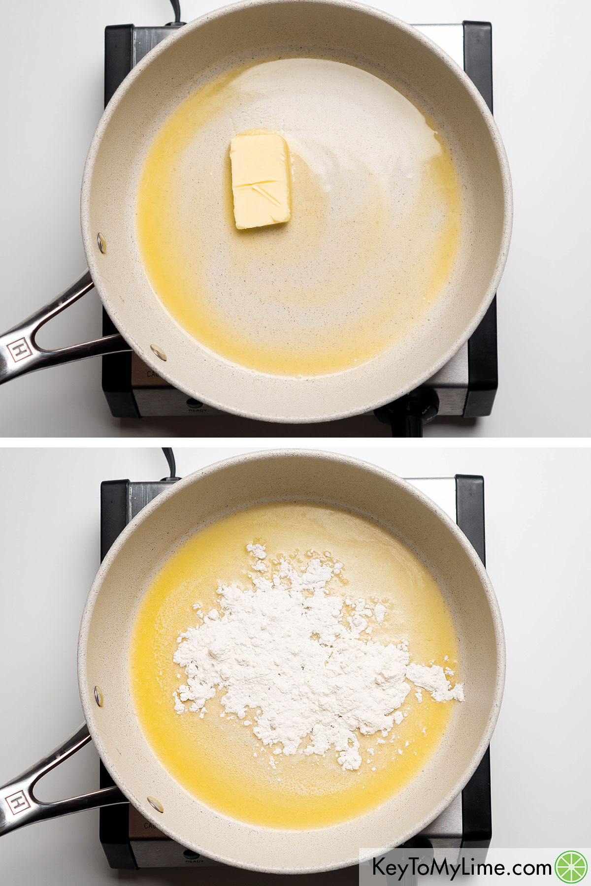 Melting butter in a sauce pan then adding in flour.