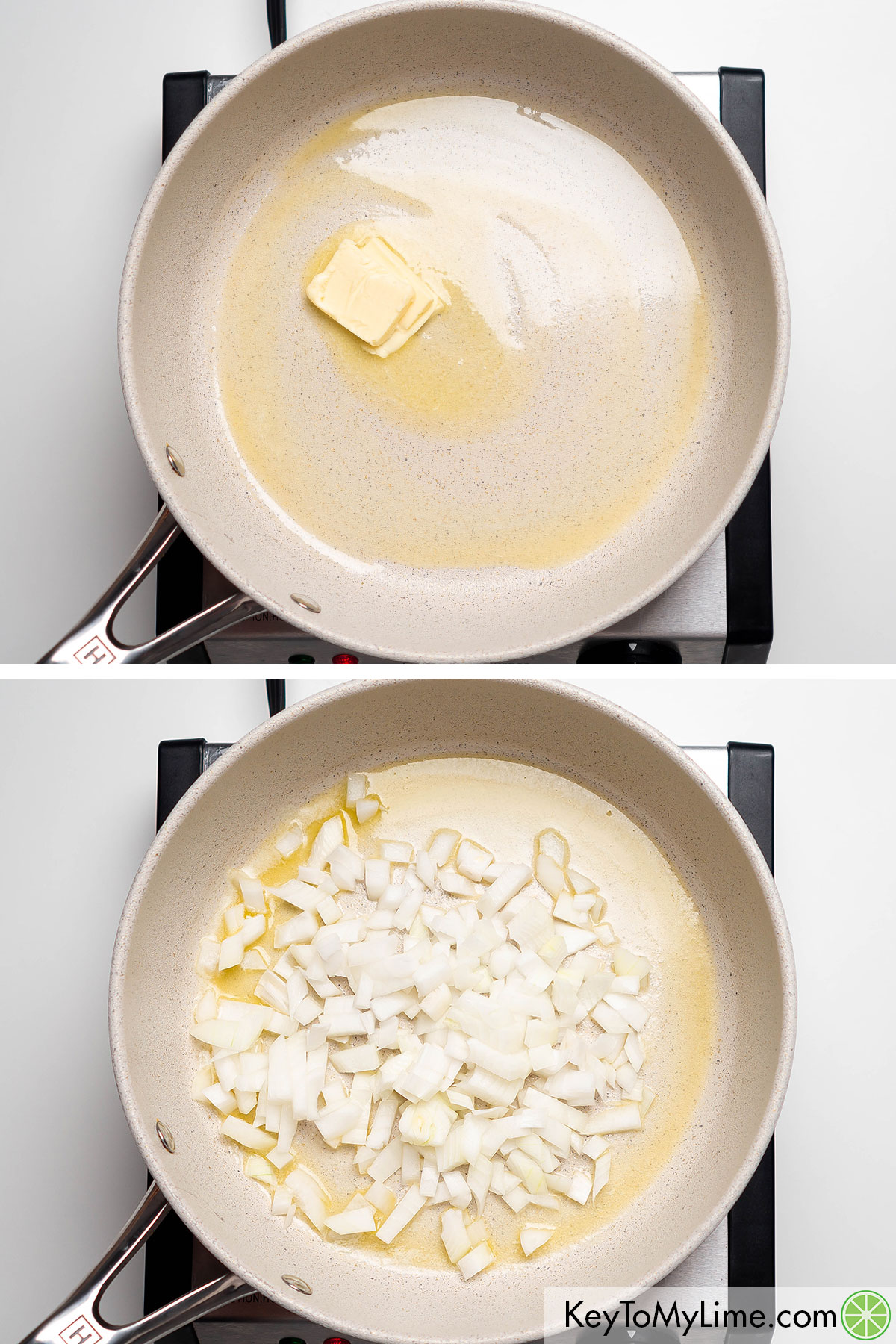 Melting butter in a hot skillet then adding in diced onions.
