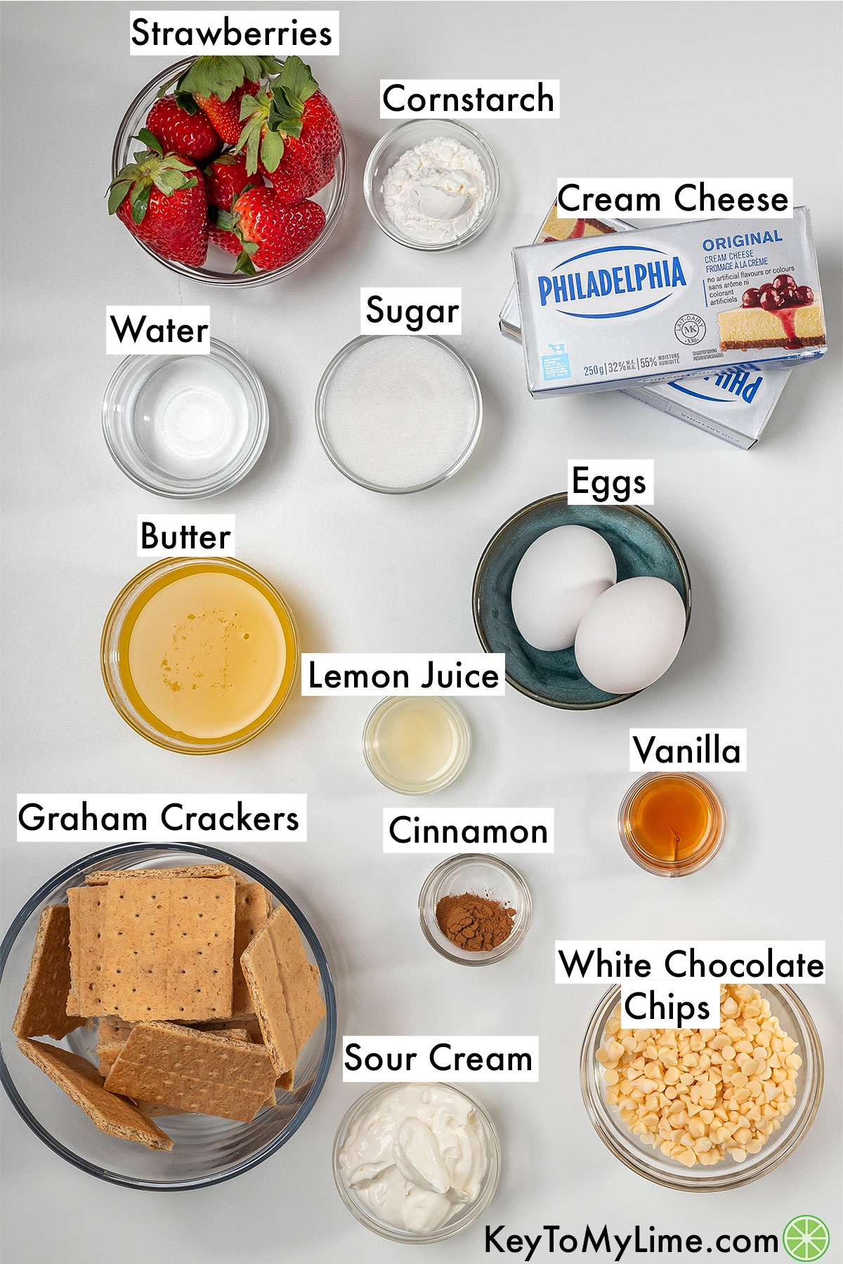 The labeled ingredients for philadelphia cheesecake bars.