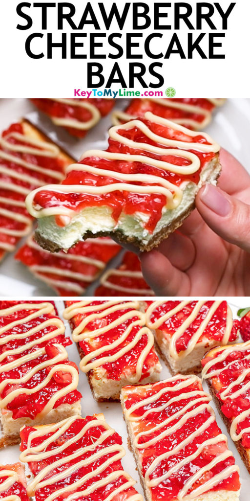 A Pinterest pin image with a picture of philadelphia cheesecake bars, with title text at the top.
