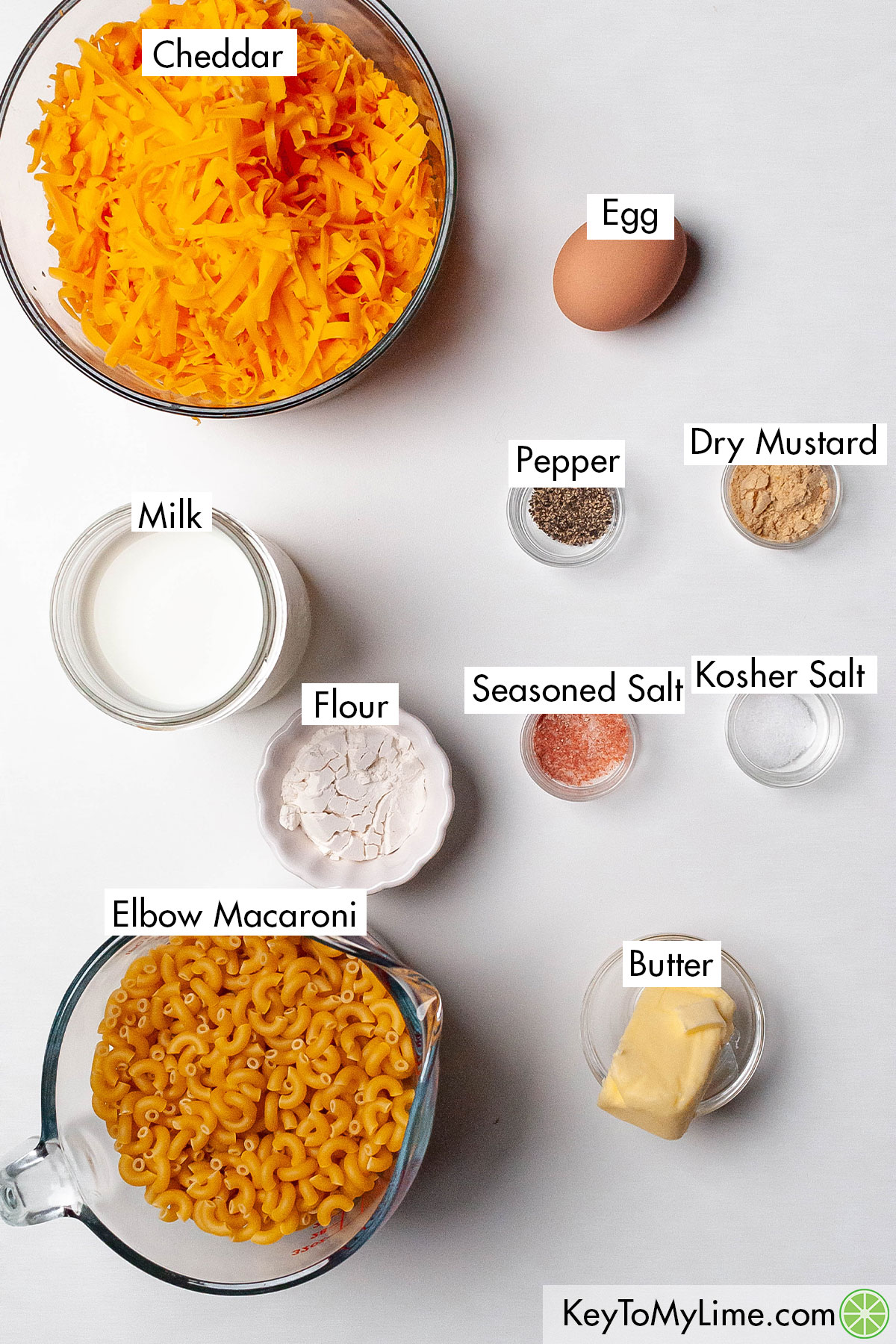 The labeled ingredients for pioneer woman mac and cheese.
