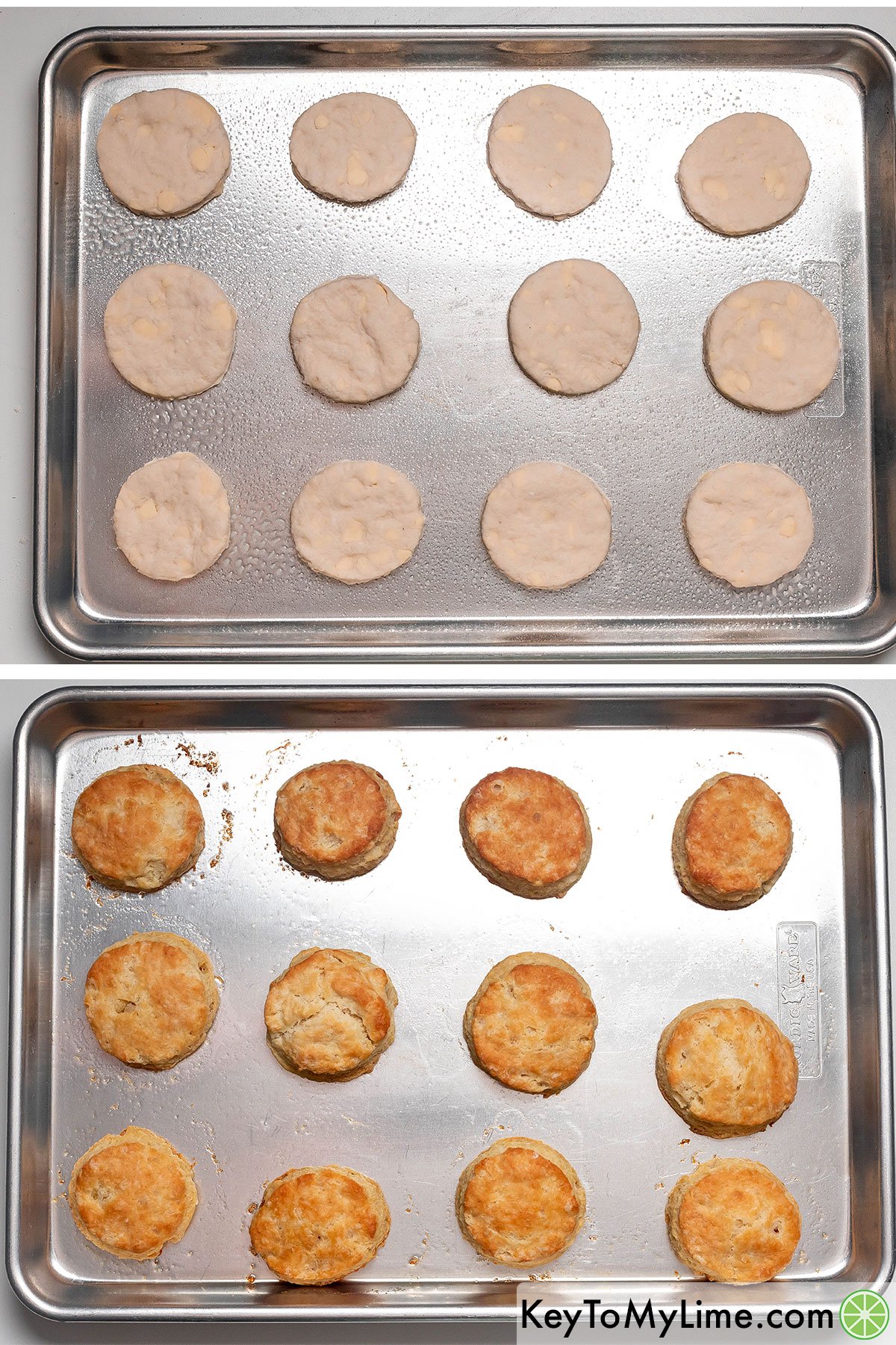 Placing the biscuits on a large rimmed baking sheet and baking in the oven until golden brown.
