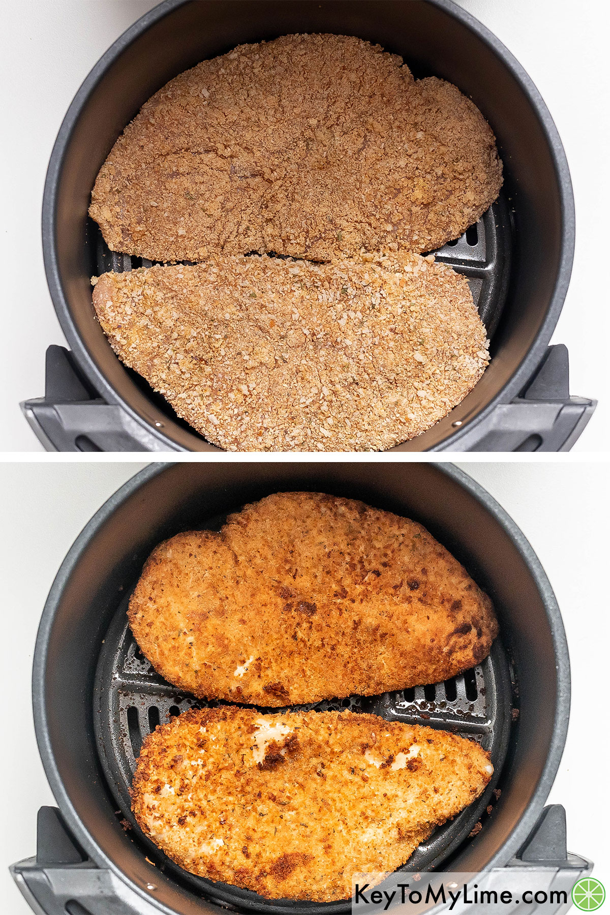 Placing the cutlets in a preheated air fryer basket and then coating with spray oil.